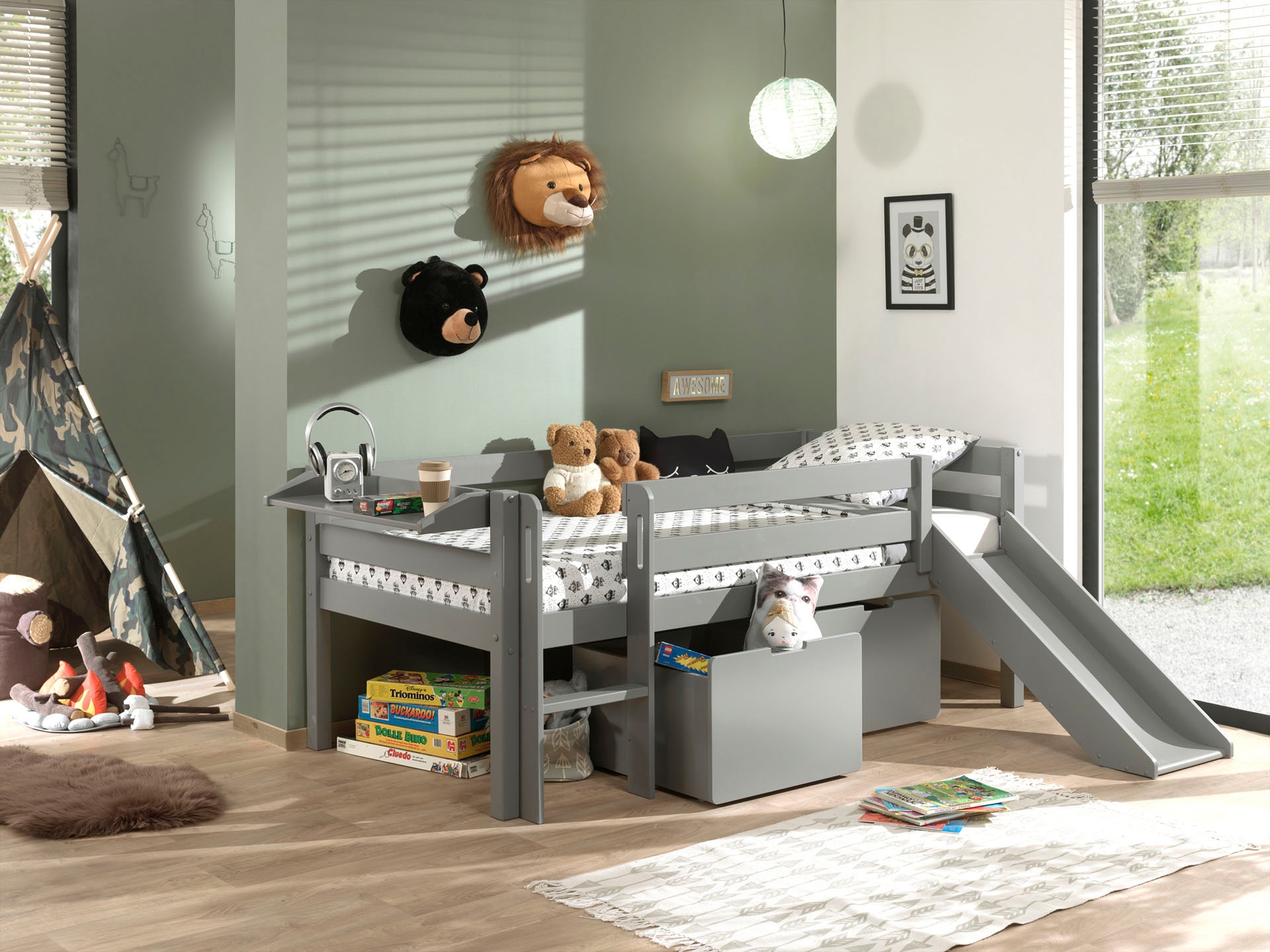 Vipack Spielbett »Pino, Kiefer massiv, mit Rolllattenrost, 2 Rollboxen, Made in Europe«, (B/H/T ca. 207,6x83x175cm, inkl. Leiter, Absturzschutz und Rutsche), wahlweise mit oder ohne Hängeregal, 2 Farben zur Auswahl