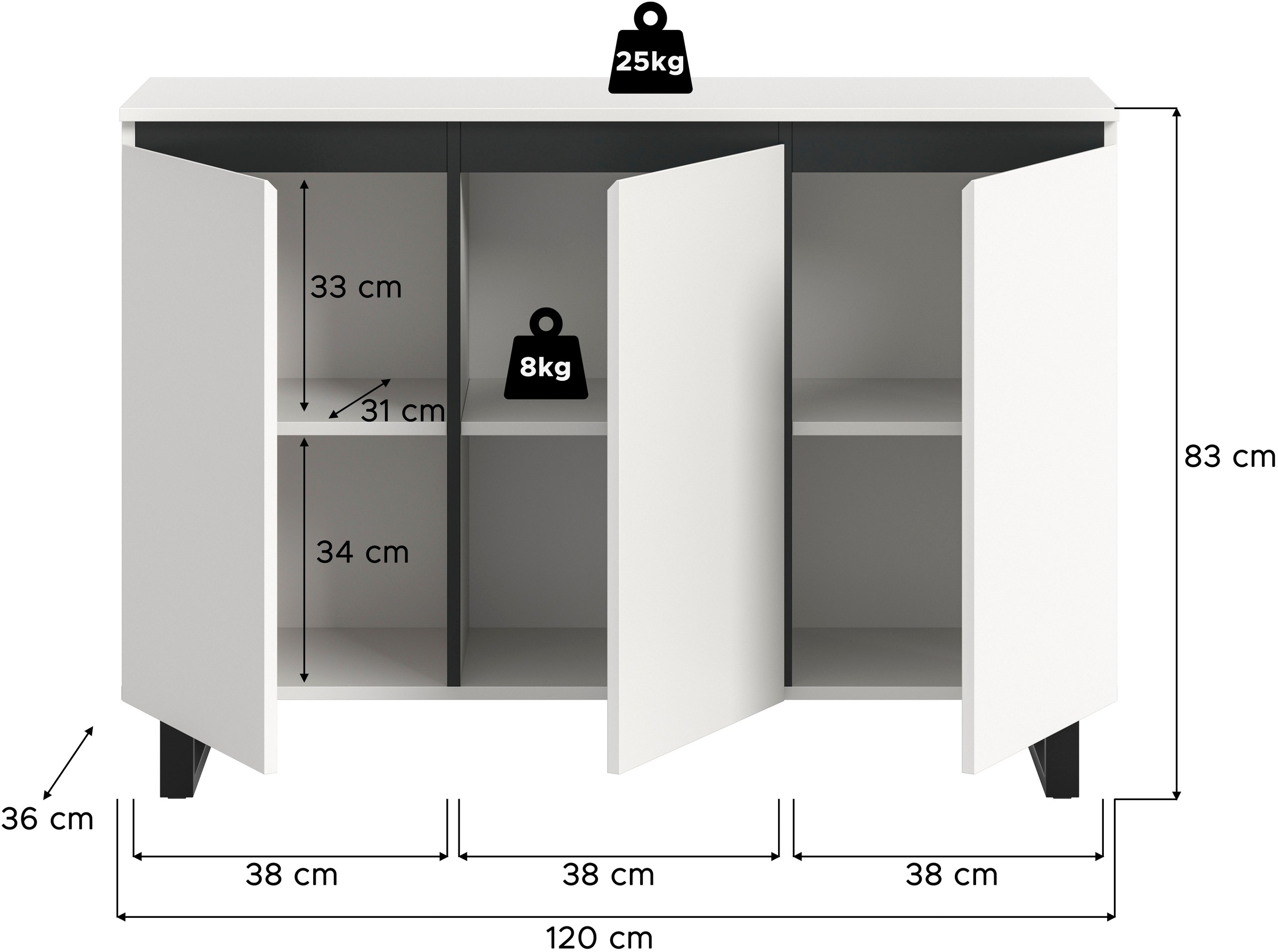 INOSIGN Sideboard »TOMA, Breite: 120 cm, mit Metall-Kufen-Fuß, 3 Türen, 3 Einlegeböden« Anrichte, Kommode, Schrank, Board, Higboard
