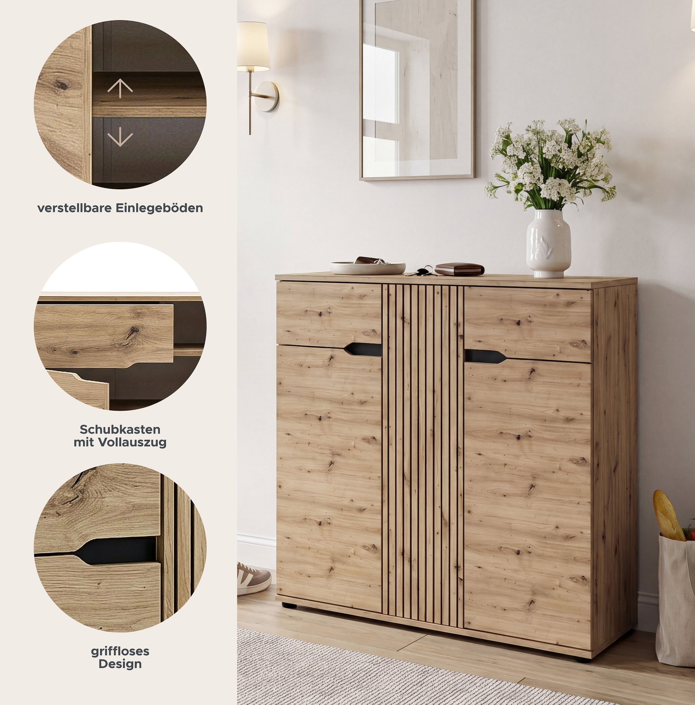 OTTO home Schuhkommode »FJELL, Breite 104cm, 3 Türen, 2 Schubkästen, 6 Einlegeböden, 9 Fächer« Garderobenschrank, Schuhschrank, Kommode, Sideboard, Anrichte
