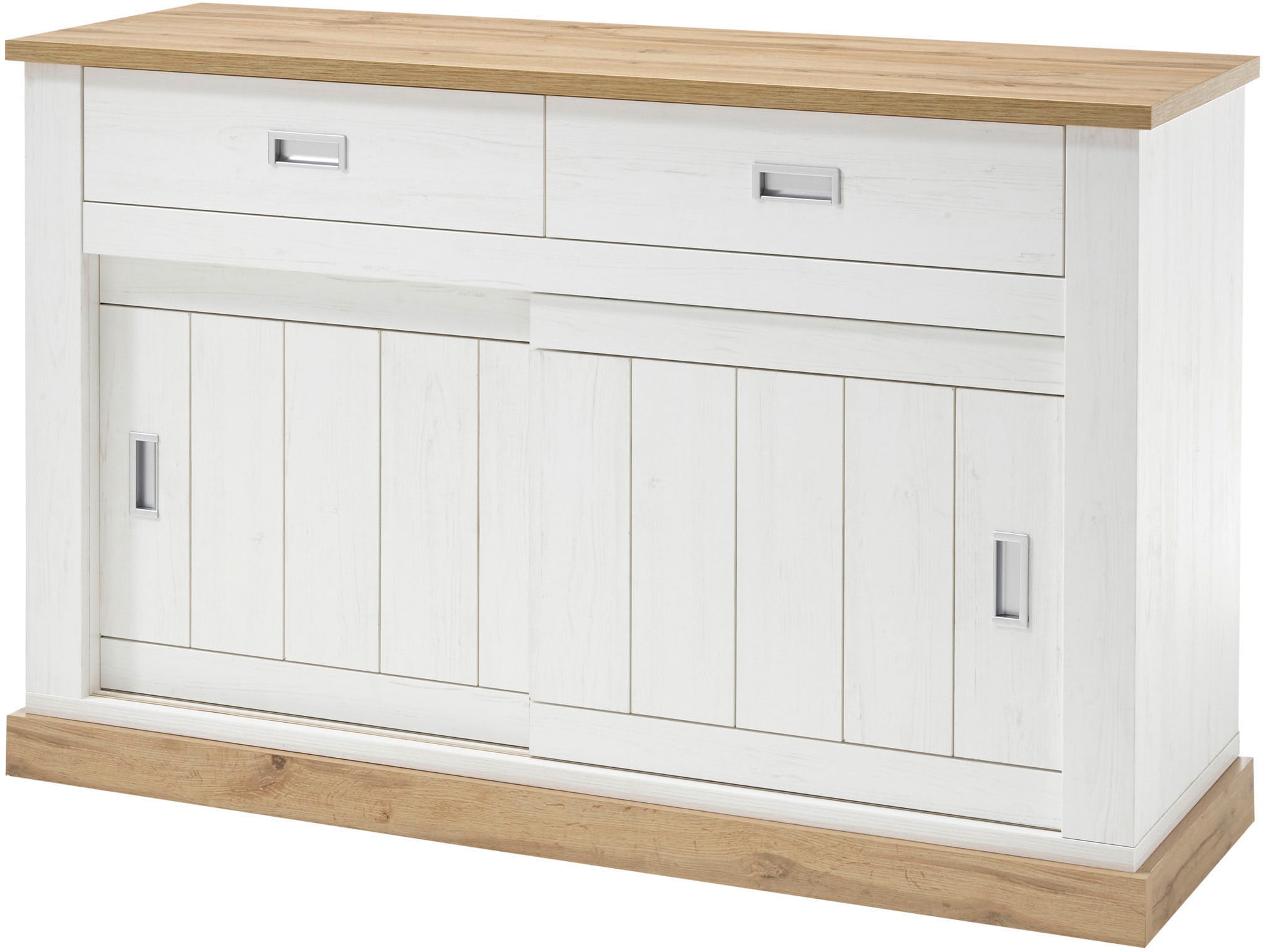 Home affaire Sideboard »Orlando, moderner Schrank, Kommode im Landhausstil«, 2 Schiebetüren & 3 Schubladen, silberne Griffmulden, 150 cm breit