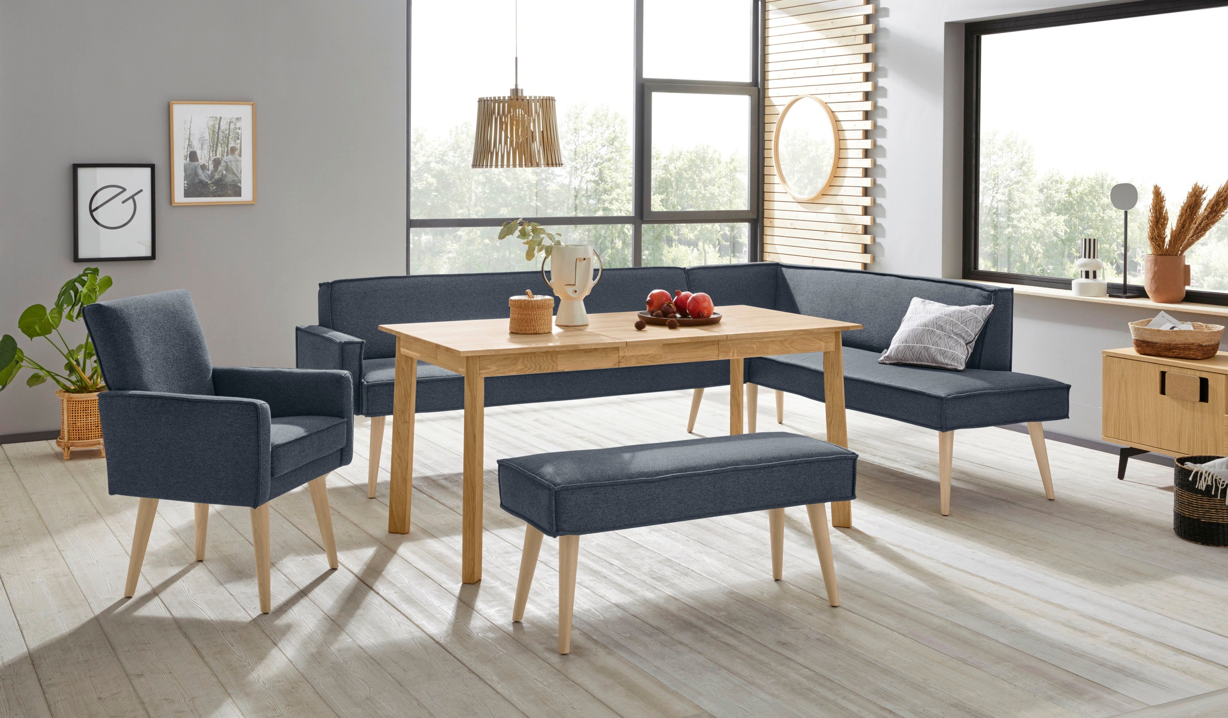 exxpo - sofa fashion Eckbank »Lungo, moderne Kedernaht, bequem und elegant, hoher Holzfuß«, hochwertige Detailverarbeitung, frei im Raum stellbar