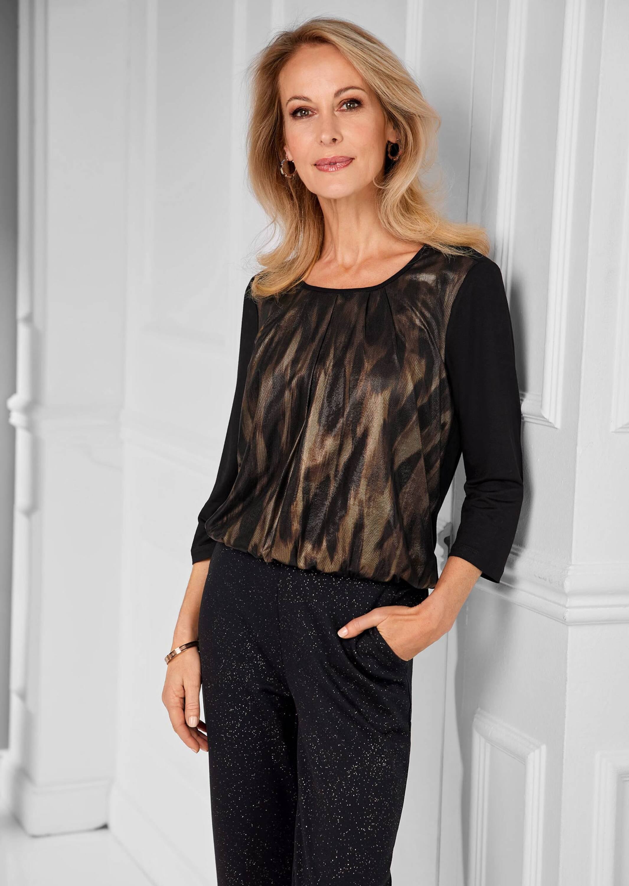 GOLDNER Kurzarmbluse »Kurzgröße Stretch-Blusenshirt mit Glanz-Druck« keine/nicht relevant