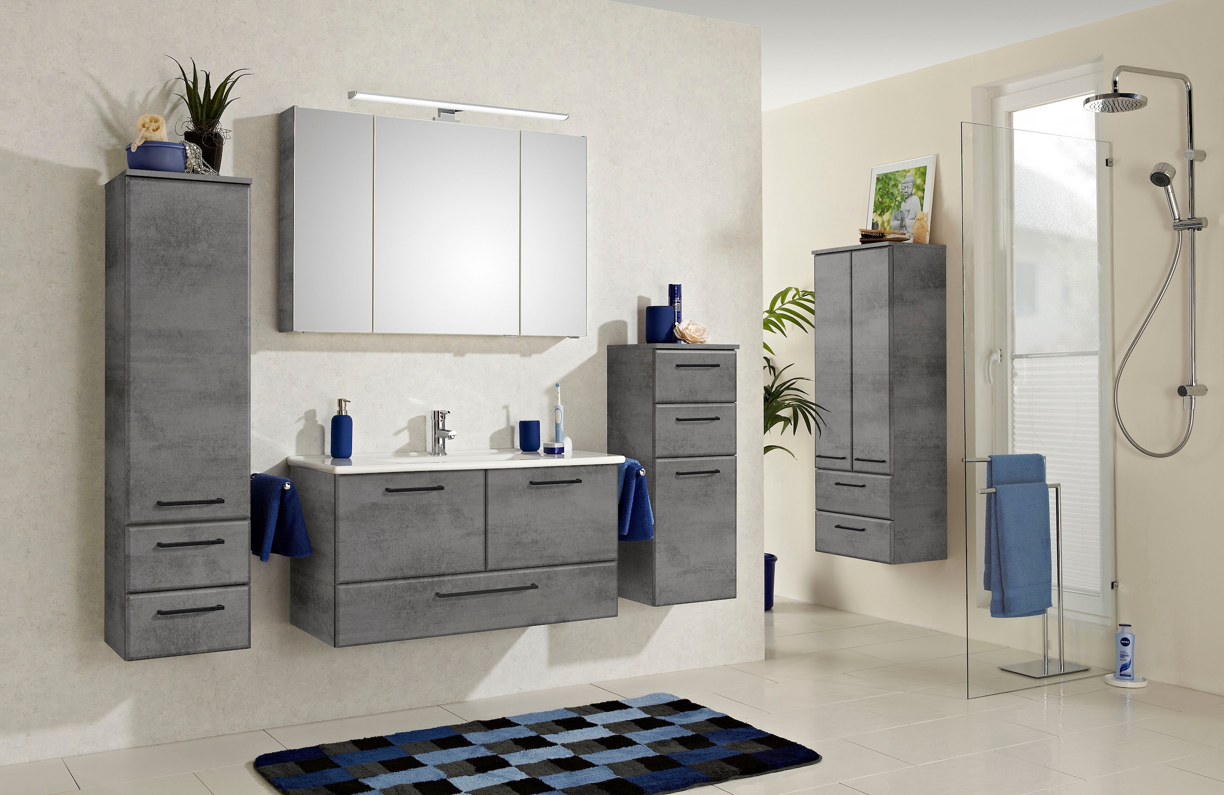 Saphir Badmöbel-Set »Quickset 945 4-teilig, Keramik-Waschtisch mit LED-Spiegelschrank«, (5 St.), Unterschrank, Midischrank, 7 Türen, 5 Schubladen, inkl. Türdämpfer