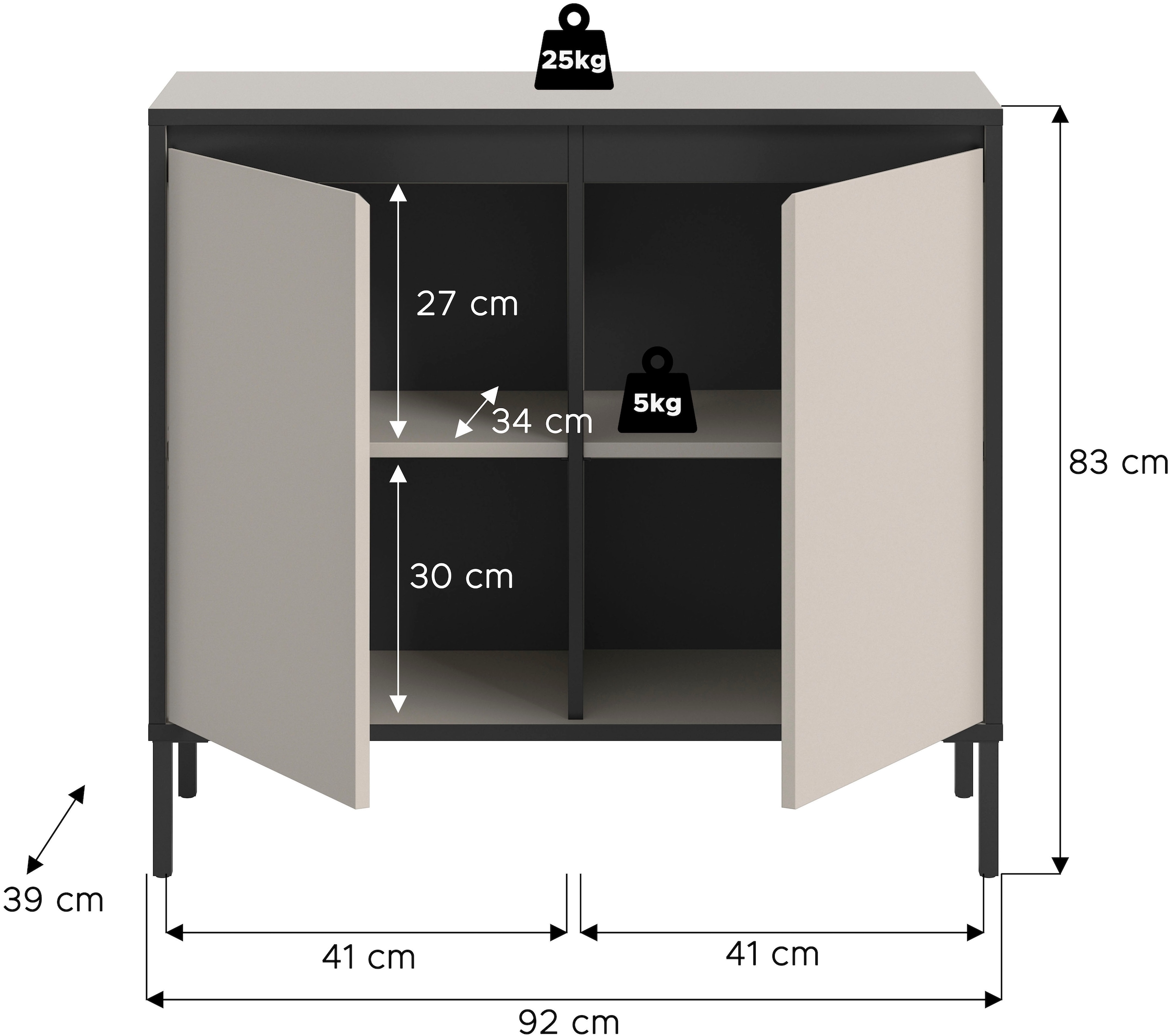 Home affaire Kommode »NORT, Höhe: 92 cm, mit Metall Stabfuß, 2 Türen, 2 Einlegeböden« Anrichte, Sideboard, Schrank, Board, Highboard