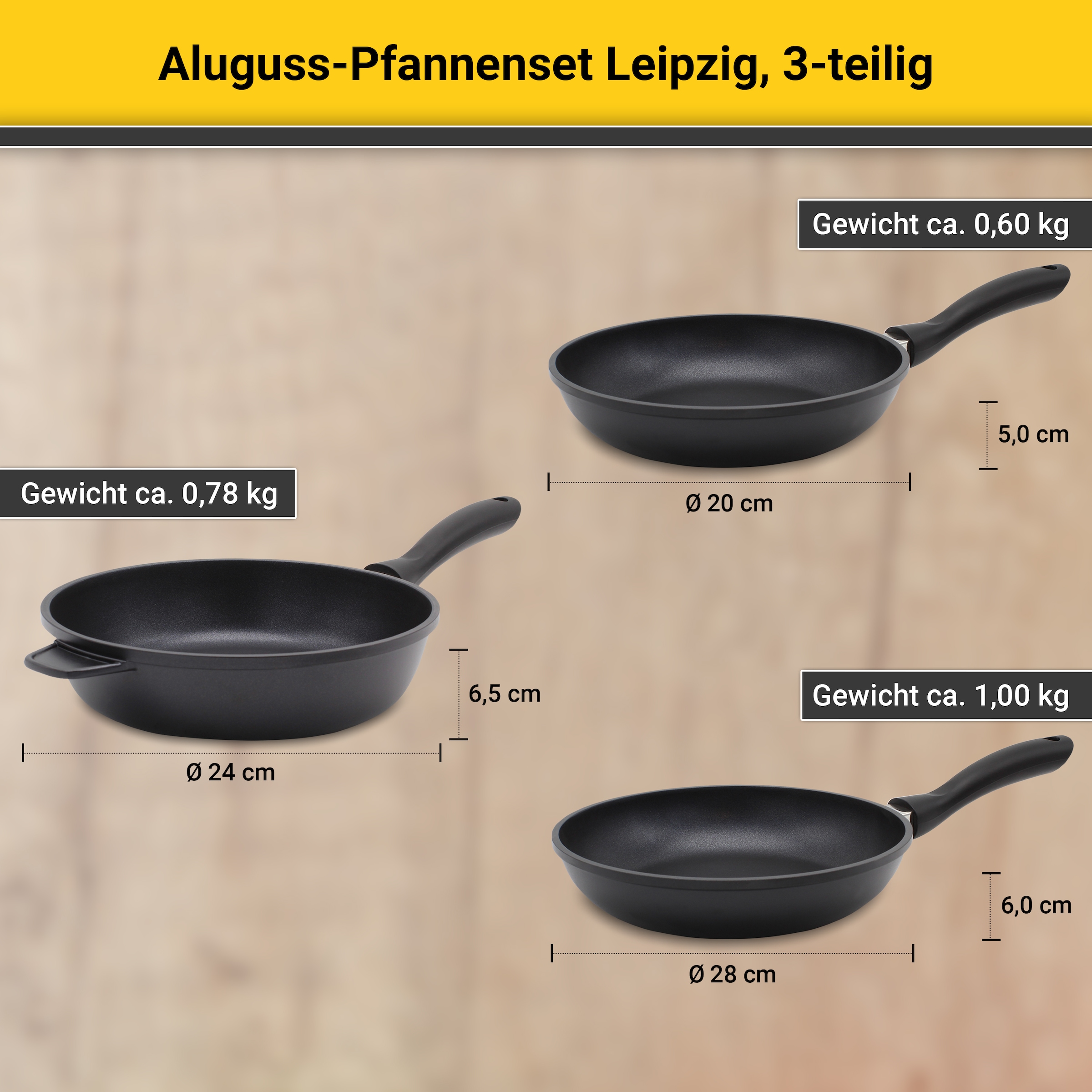 Krüger Pfannen-Set »Aluguss Pfannenset LEIPZIG, 3 tlg.« Aluminiumguss Set, 1x Bratpfanne Ø 20 cm, 1x Bratpfanne Ø 28 cm, 1x Schmorpfanne Ø 24 cm, 3 Stk. tlg. hochwertige Antihaft-Versiegelung