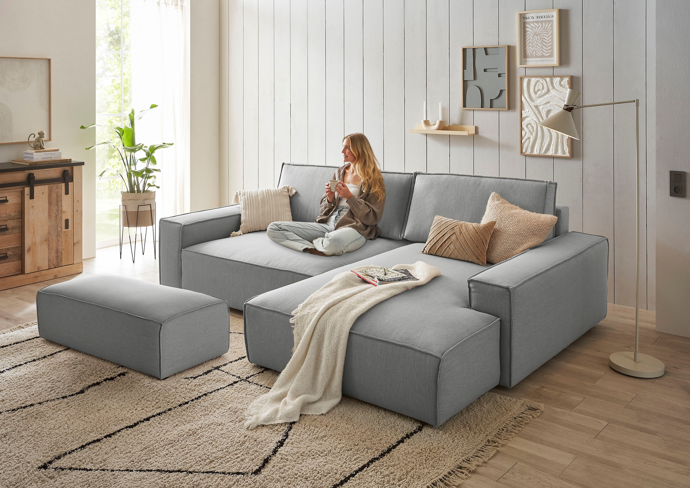 Home affaire Polsterecke »NEU: SHERWOOD XXL tief, L-Form mit Schlaffunktion, Big-Sofa mit Hocker«, (Set, 2 St.), stellbar zum Schlafsofa (Krokodilverbinder), Cord, Leinenoptik