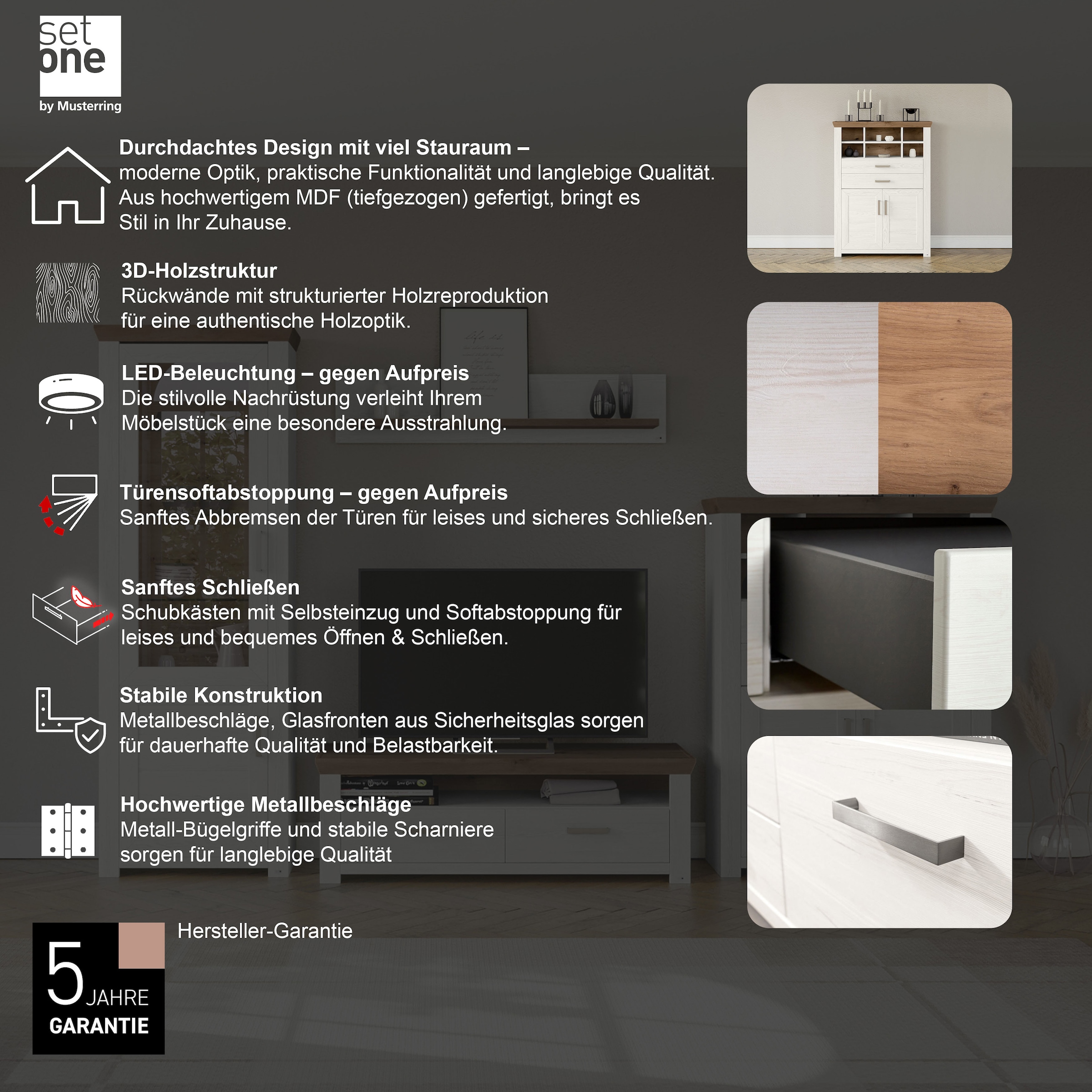 set one by Musterring Highboard »York«, Typ 16, mit Holztüren und Schubkasten, Beleuchtung optional, B 105 cm