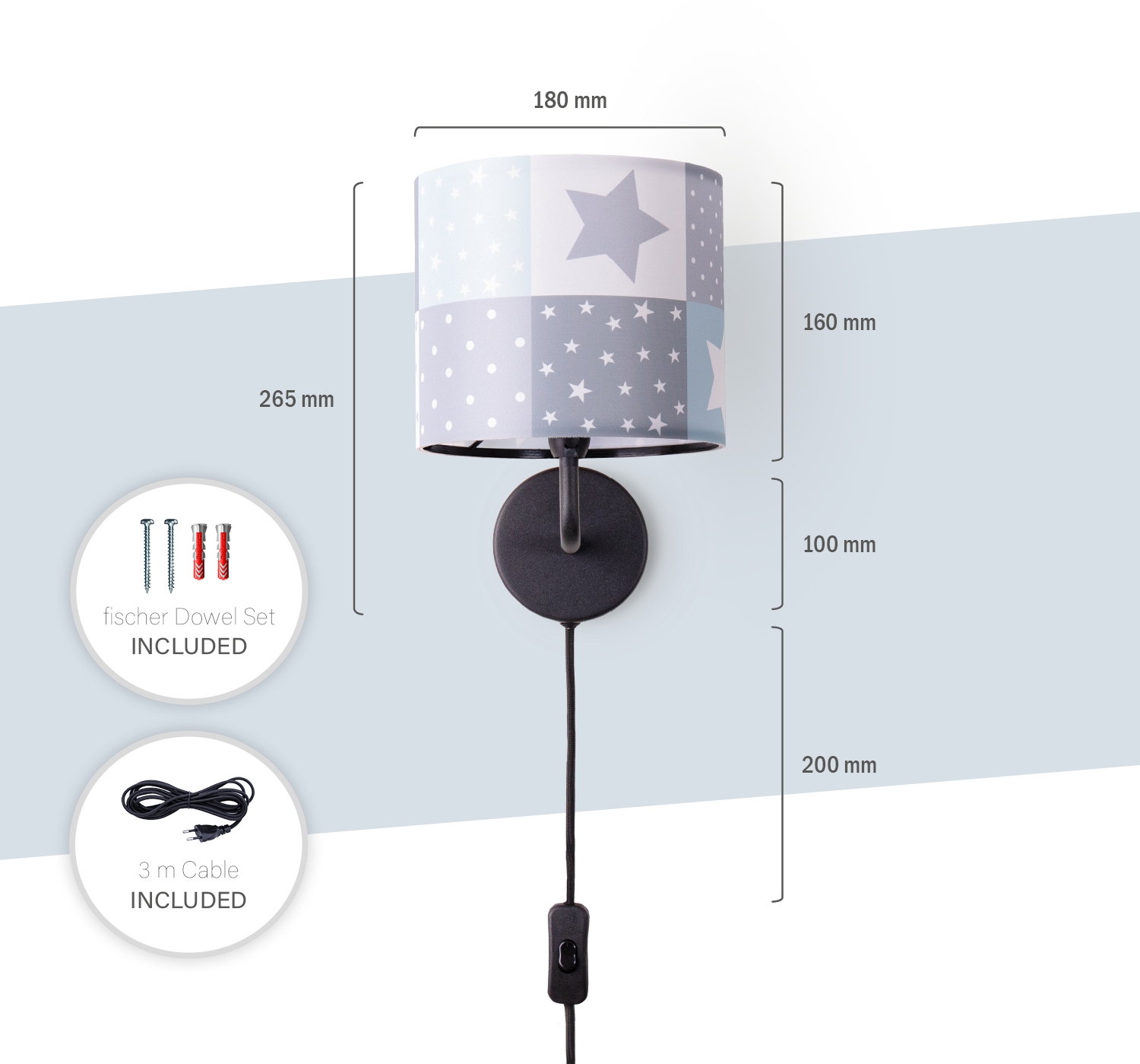 Paco Home Wandleuchte »Cosmo 345« E14 Kinderlampe Wandlampe  Schalter Ø…18cm Sterne Punkte Kabellänge 3m E14