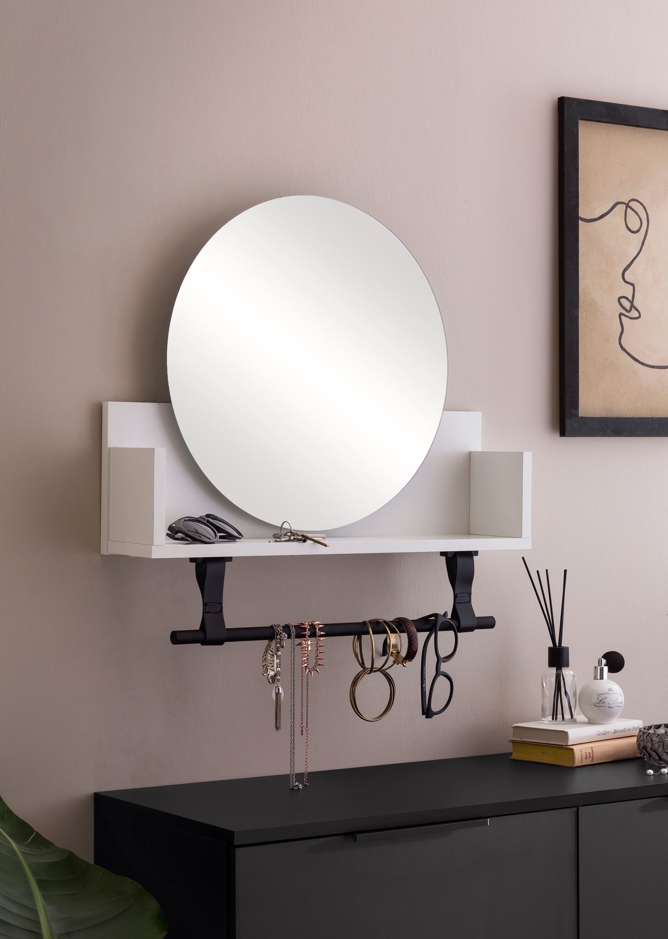 welltime Wandregal »Ella, Breite 59 cm« Kleiderstange aus Kunststoff, Schlaufen aus Leder, runde Spiegelfläche