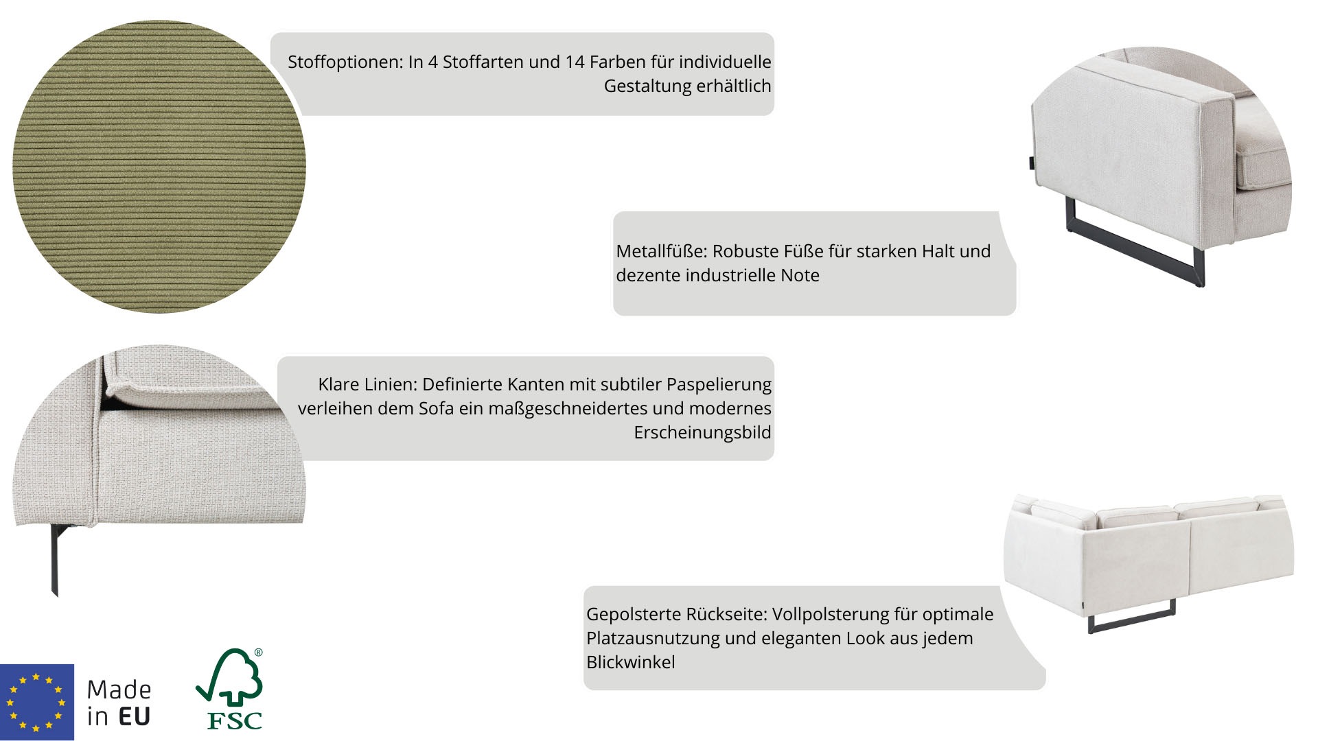 Places of Style Ecksofa »Pinto, XXL, 250/290 cm, langer Schenkel, Ottomane«, Cord, Chenille, Lederoptik, mit Keder, Metallfüße, Wellenunterfederung