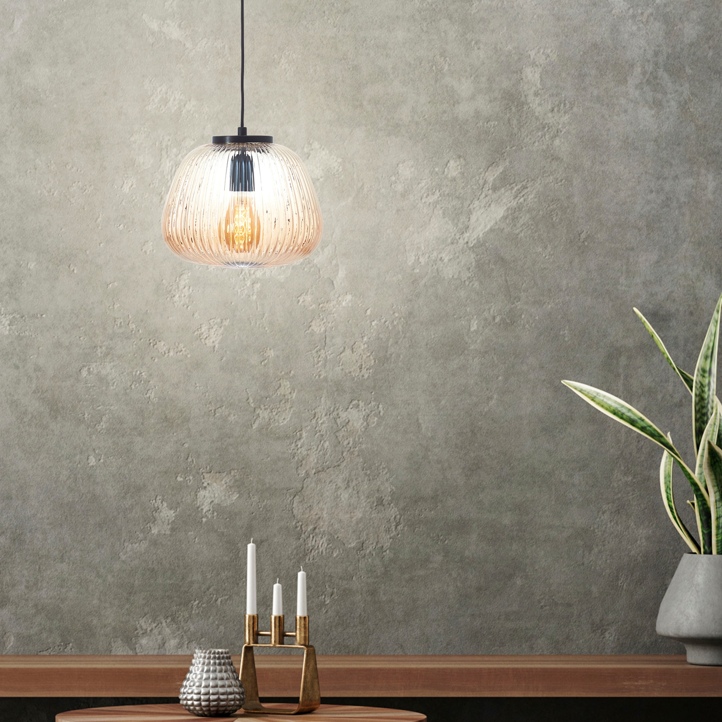 Brilliant Pendelleuchte »Kaizen«, 1 flammig, Leuchtmittel E27 | ohne Leuchtmittel, Riffelglas, D 25 cm, E27, kürzbar, Amber-Bernsteinfarben