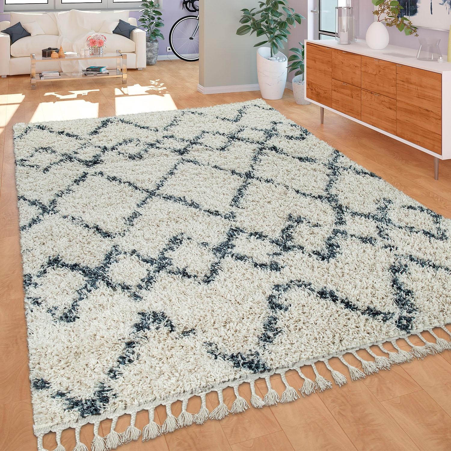 Paco Home Hochflor-Teppich »Nador 757«, rechteckig, 54 mm Höhe, weicher Shaggy mit Rauten Design und Fransen