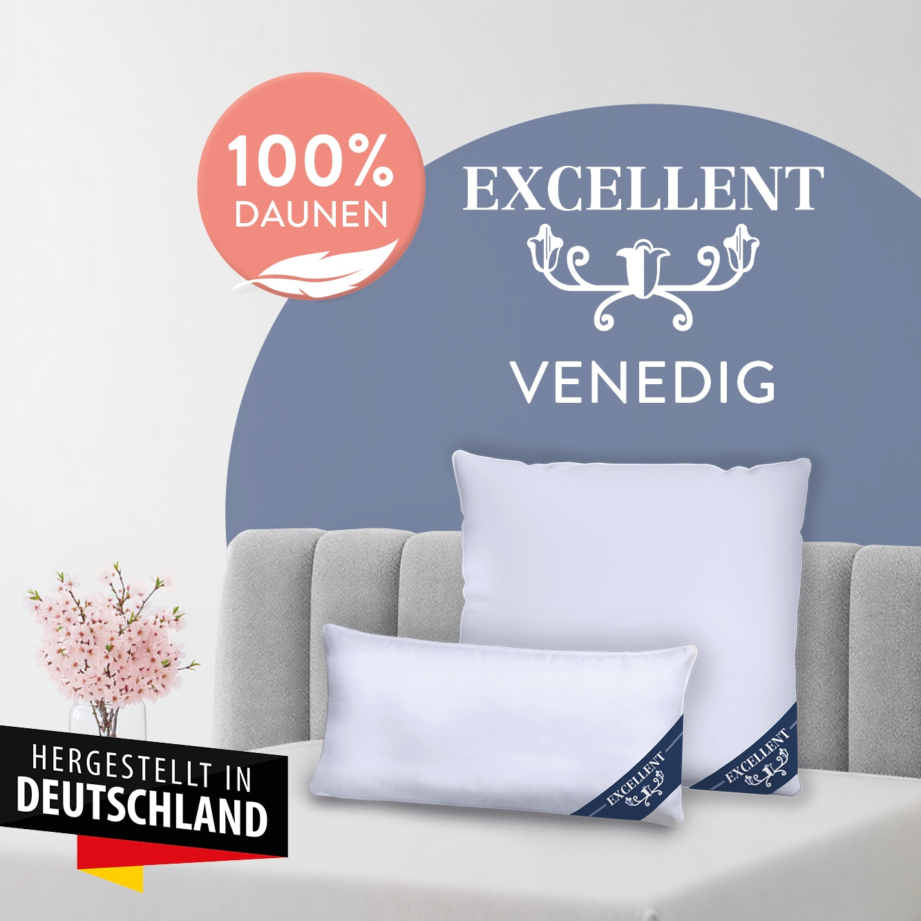 Excellent 3-Kammer-Kopfkissen "Venedig, Kissenparade1 tlg. oder 2 tlg. 40x40-80x80 cm" Füllung: weisseneueDaunenKlasseI100DaunenAussenweisseneueFedernKlasseI100FedernInnen 1 Stk. tlg. hergestellt in Deutschland