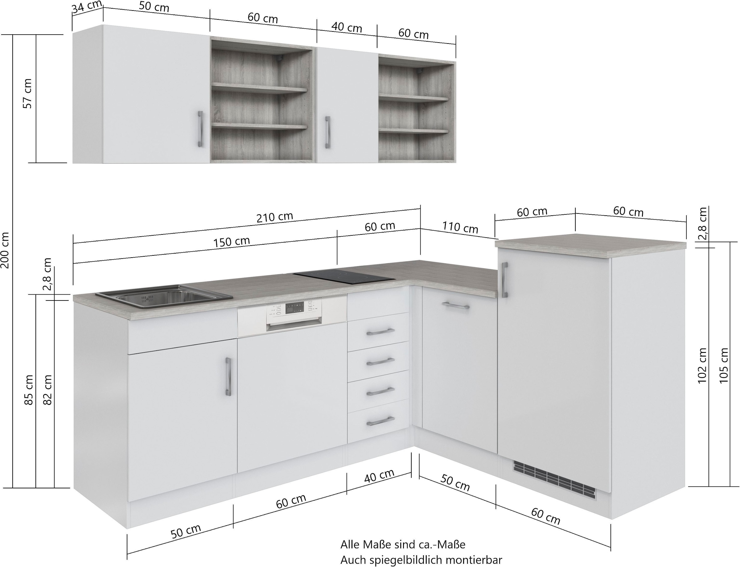 KOCHSTATION Küche »KS-Mali«, Stellbreite 210/170 cm, mit E-Geräten