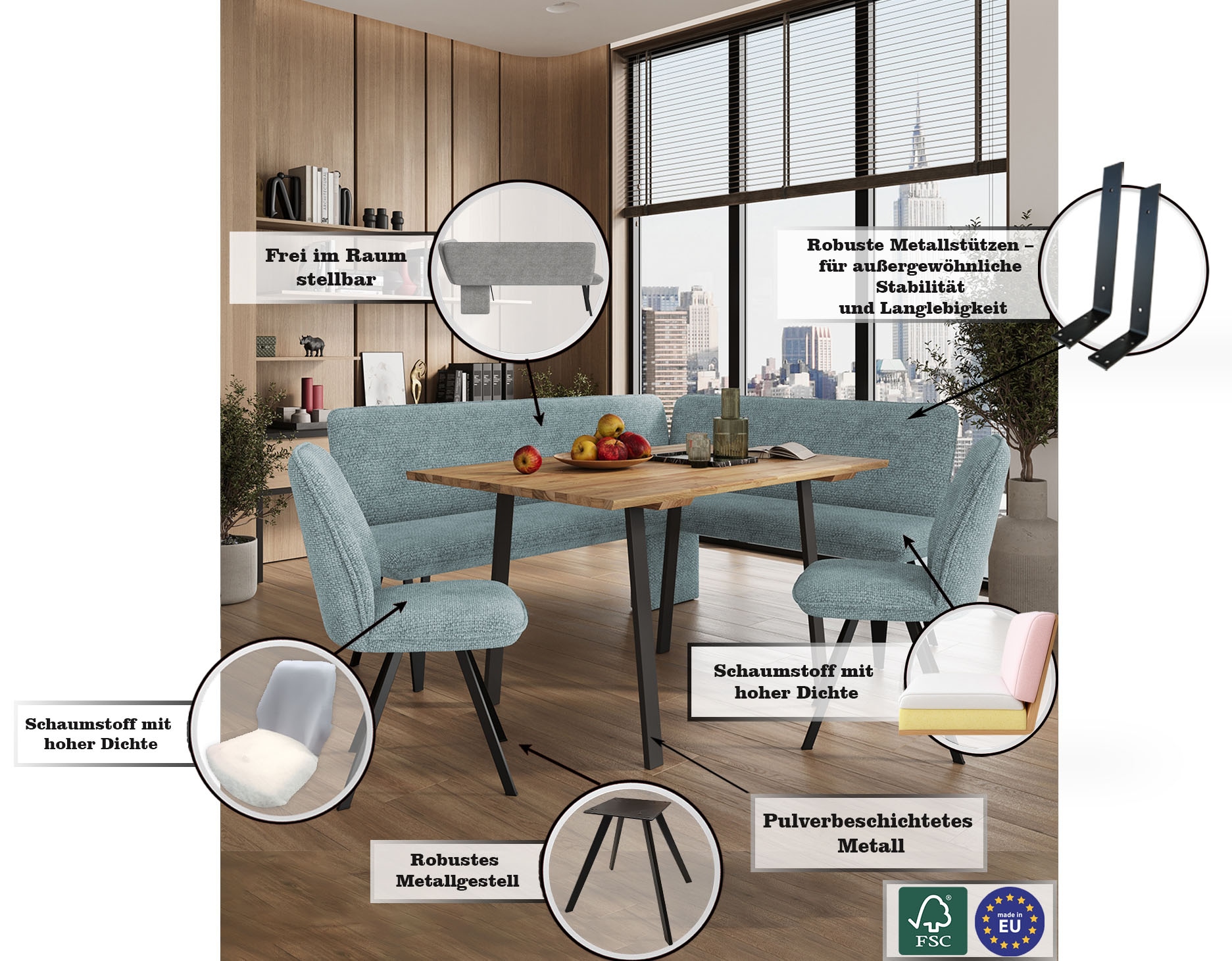 Home affaire Eckbank »Mily Küchenbank, Polsterbank, Esszimmerbank, 205x164 cm«, Moderne Bank und Farben, Sitzplatzanzahl: 5, Frei in Raum stellbar