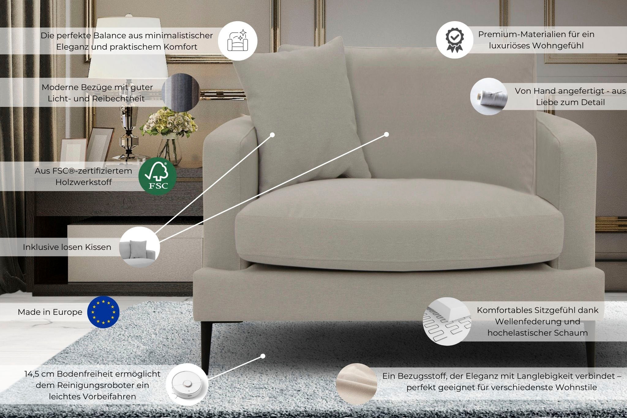 Leonique Sessel »Cozy Loungesessel, Designersessel, Maße B/T/H: 91/97/80 cm« mit Metallbeinen und Zierkissen