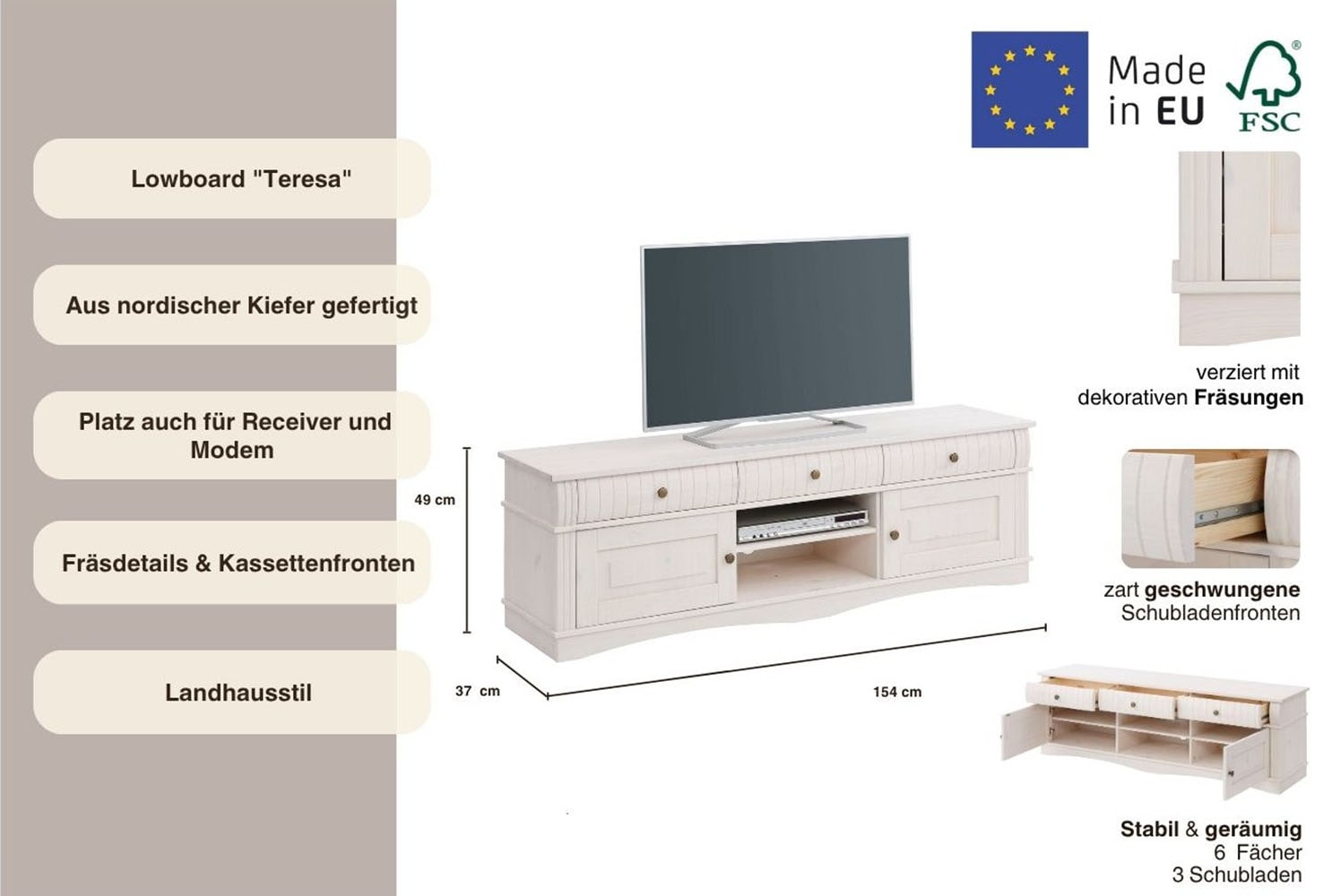 Home affaire Lowboard »Teresa« Maße (B/T/H): 154/37/49 cm,  Kommode aus massiver Kiefer, Breite 154 cm