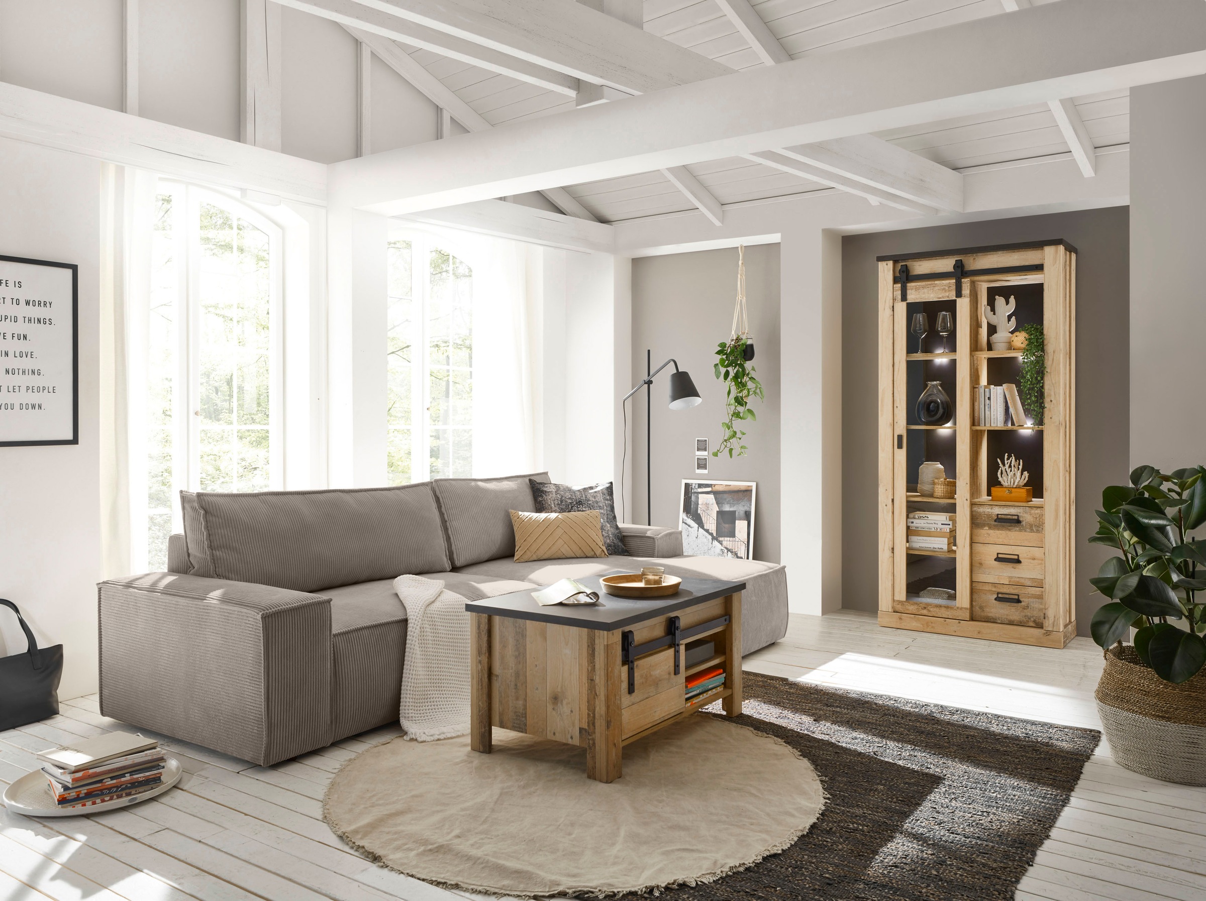Home affaire Ecksofa »SHERWOOD Schlafsofa 267 cm, L-Form,«, Schlaffunktion mit Bettkasten (210x136 cm), Cord, Vintage, Samtvelours