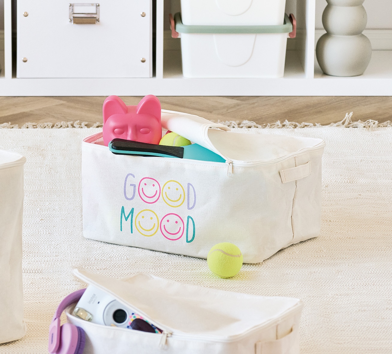 Zeller Present Aufbewahrungsbox »Aufbewahrungsbox, Polyester/Baumwolle, creme« mit Reißverschluss "Good Mood", 2er Set, ca. 39x29x19 cm