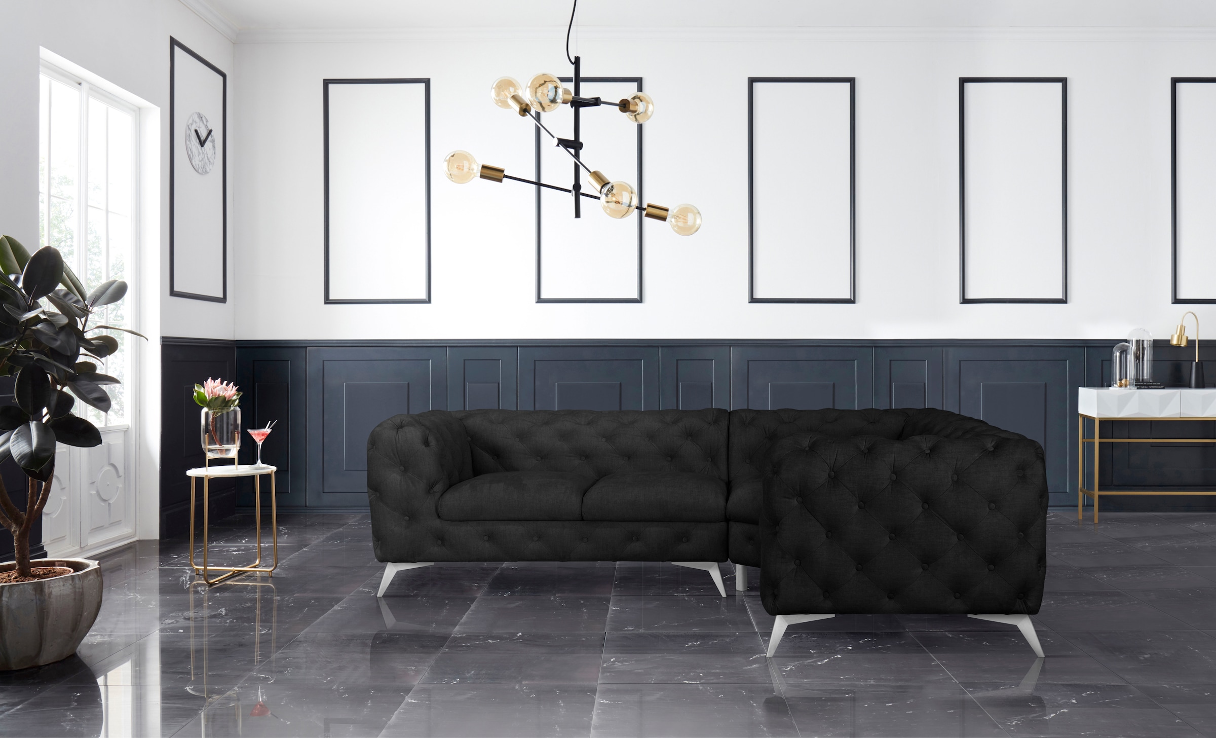 Leonique Chesterfield-Sofa »Ecksofa GLYNIS L-Form mit Wellenunterfederung, Maße B/T/H 264/204/75cm«, aufwändige Knopfheftung, moderne Chesterfield Optik, Fußfarbe wählbar