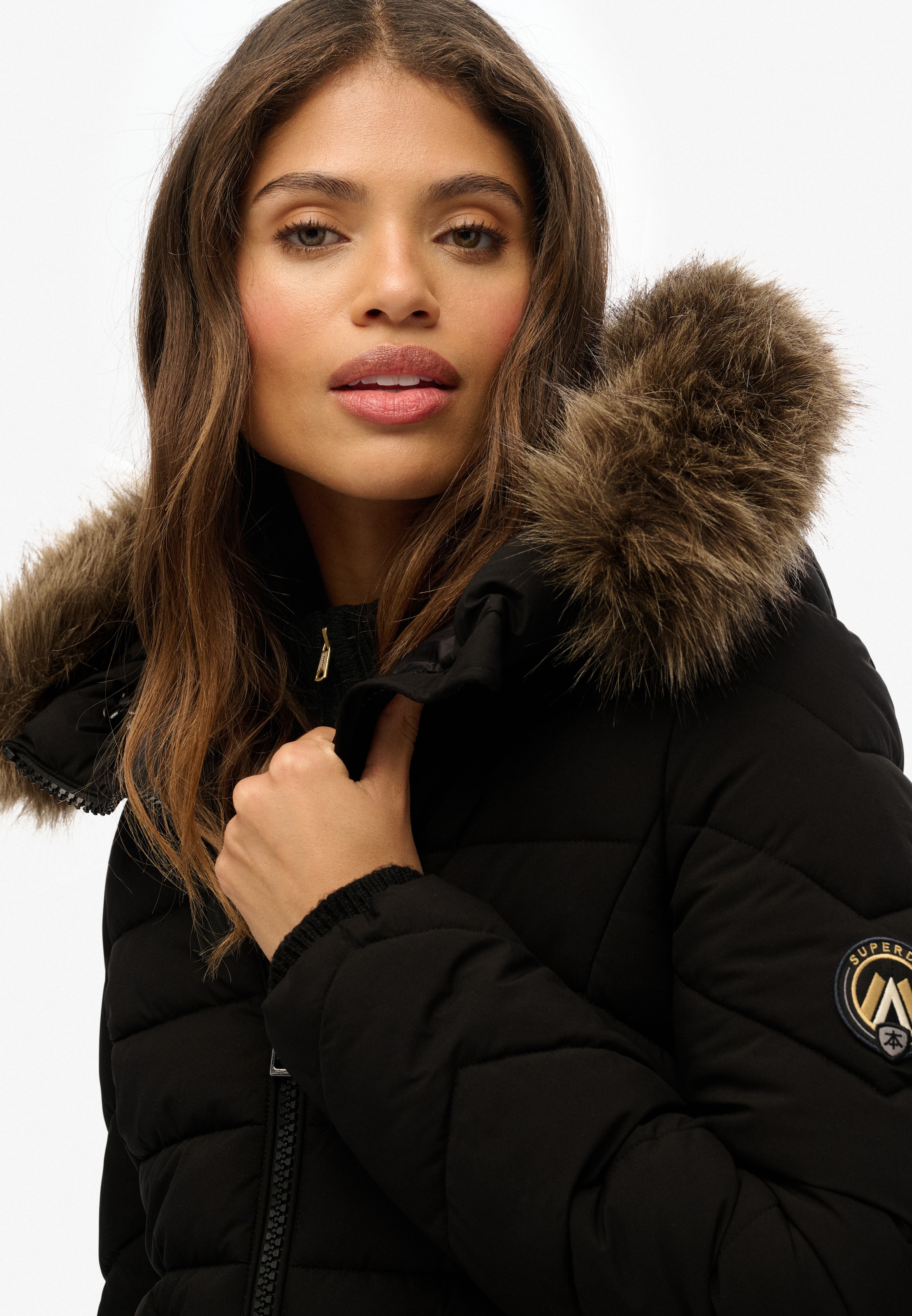 Superdry Steppjacke »FUJI FAUX FUR HOOD MID LENGTH« mit Kapuze
