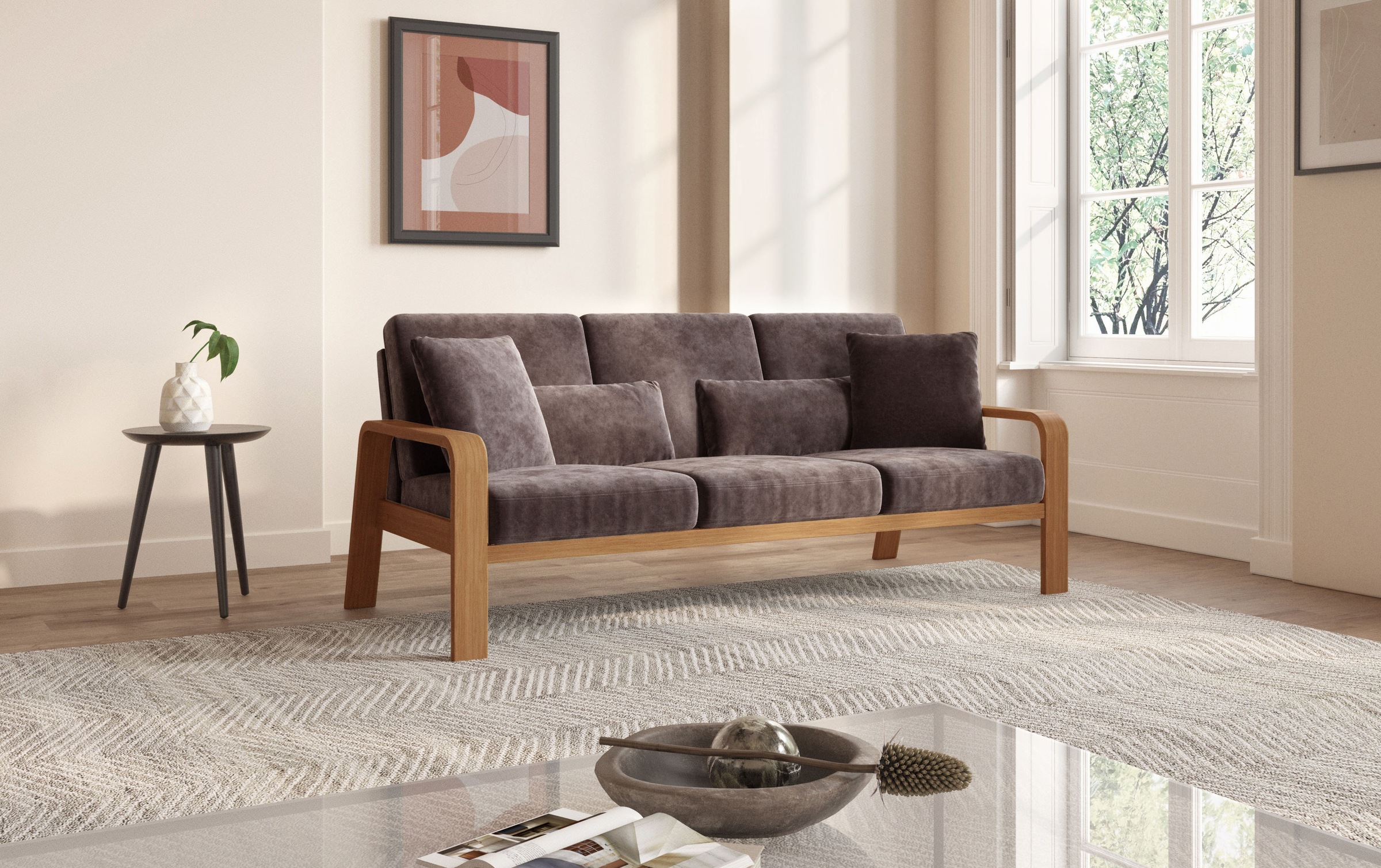 sit&more 3-Sitzer »Kolding«, Armlehnen aus eichefarbigem Buchenholz, verschiedene Bezüge und Farben
