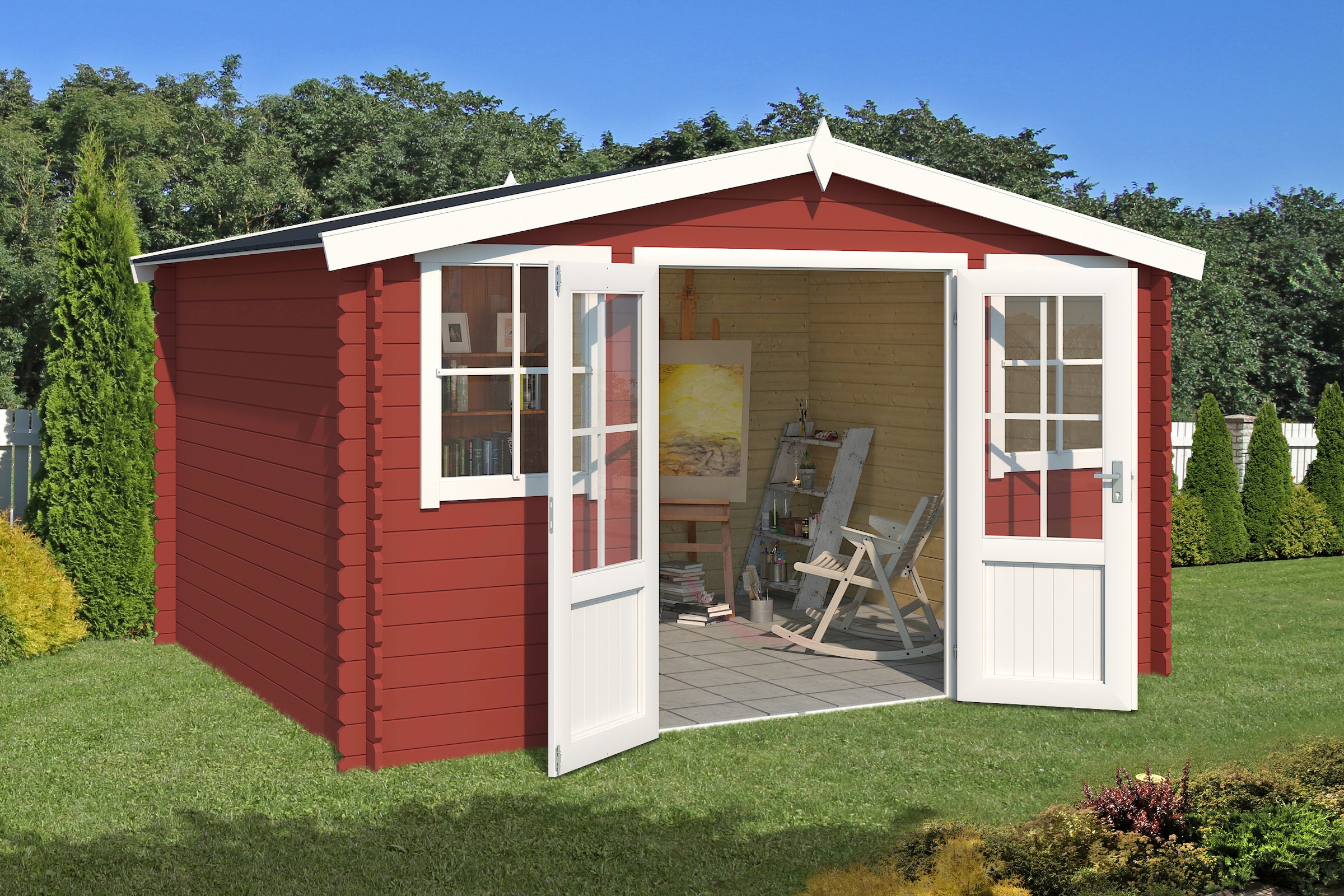 LASITA MAJA Gartenhaus »Dallas«, Blochbohlenhaus 28mm, Fundamentmass 3760x2920, Schwedenrot