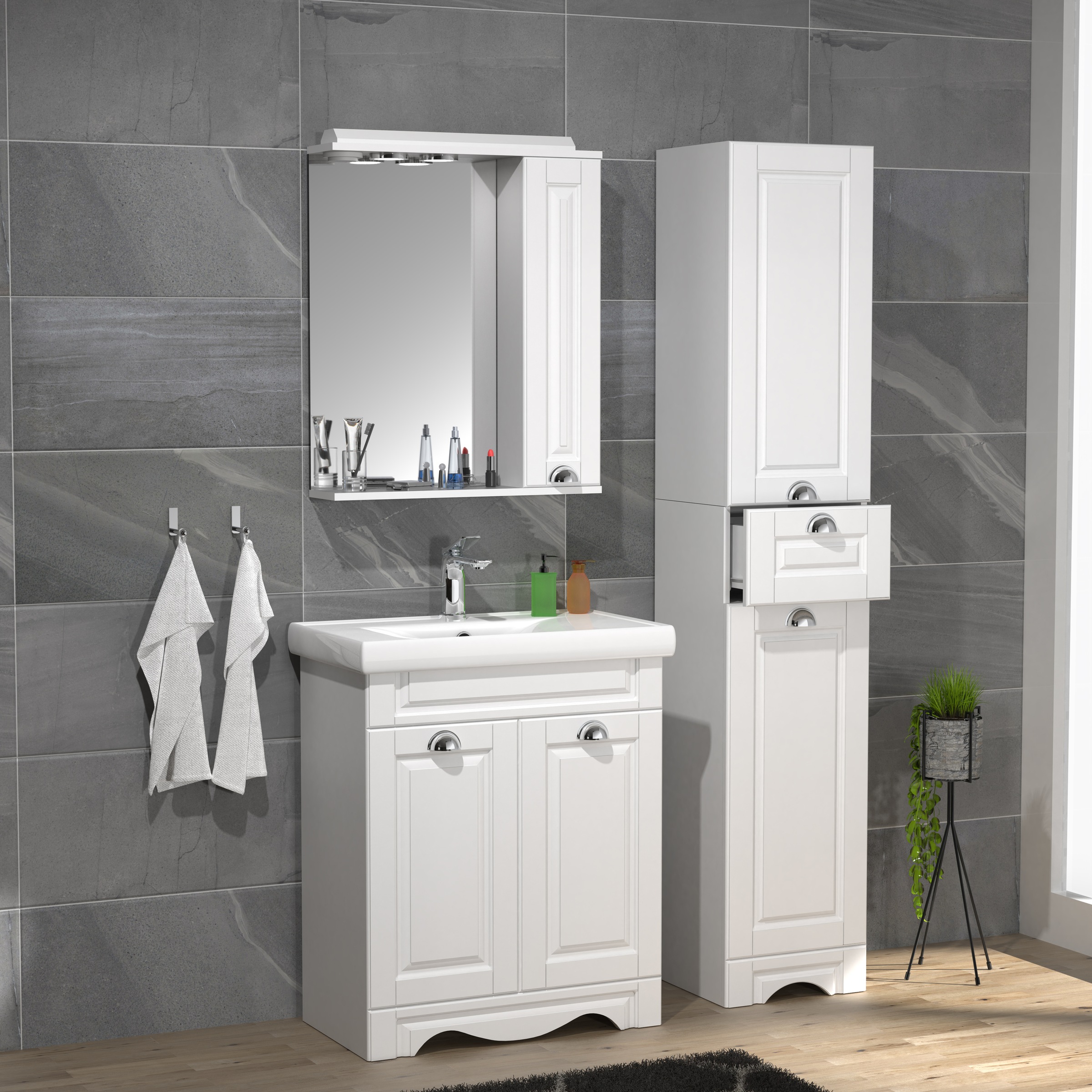 VCM Waschbeckenunterschrank »VCM 4-tlg. Waschplatz Waschtisch Breite 60 cm Badmöbel Set Waschbecken Spiegelschrank Hochschrank Schublade Landhaus Casalo L«, (4 St.)