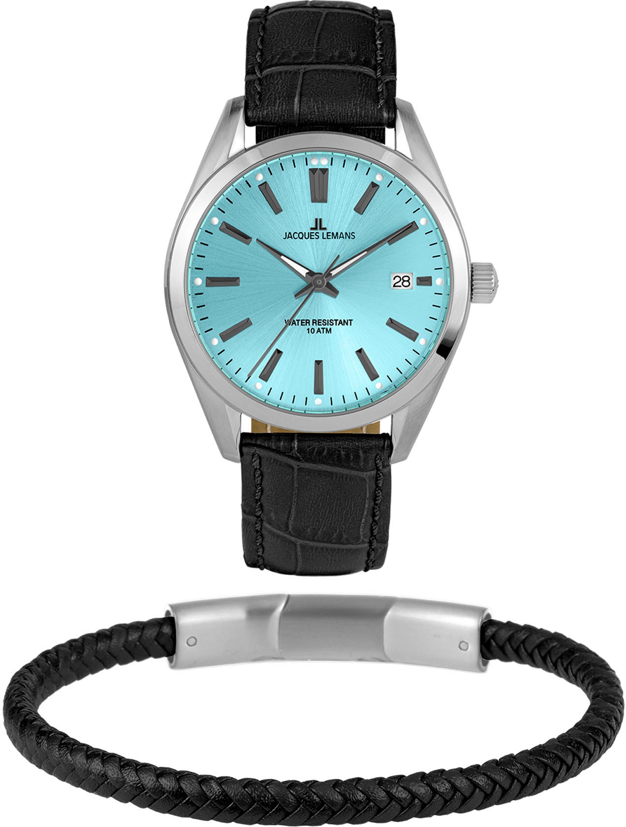 Jacques Lemans Quarzuhr »Derby, 1-2143E-SET«, (Set, 2 tlg., Uhr mit Armschmuck), Armbanduhr, Herrenuhr, Datum, Geschenkidee, Lederarmband