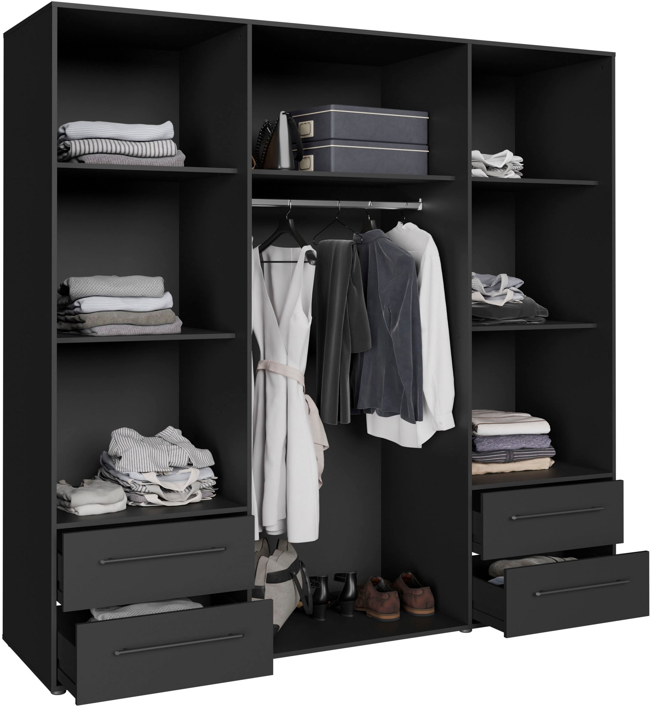 FORTE Drehtürenschrank »Mokkaris, TOPSELLER! 3 oder 4 Türen, zeitloses Design«, (BHT ca. 145x200x59cm oder BHT ca. 206x200x59cm), Schubladen + schwarze Stangengriffe, Made in Europe, viel Stauraum