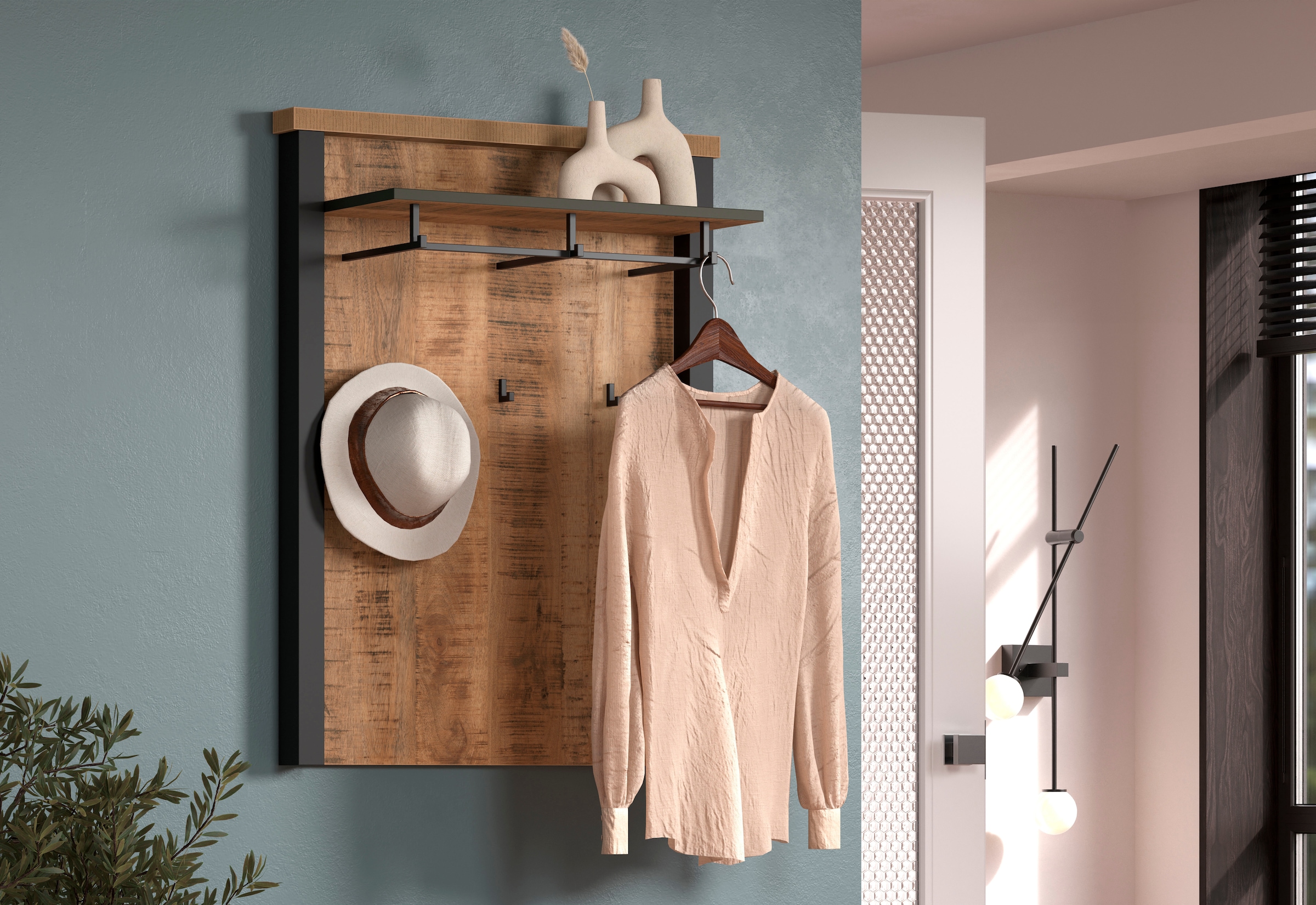 Home affaire Garderobenpaneel »Elda« 1 Stk. tlg. Wandpaneel mit Ablage, 1 Kleiderstange, 3 Haken – (B/T/H) 73/27/95 cm