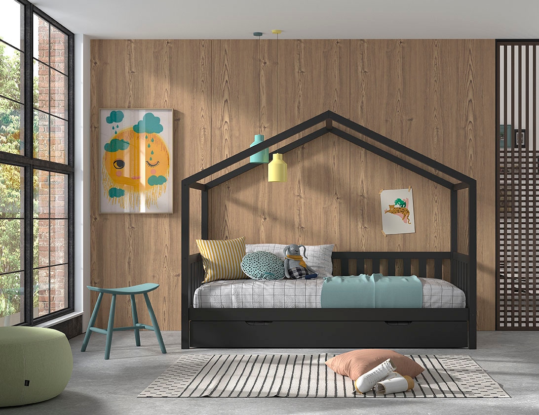 Vipack Hausbett »Dallas, mit Dachaufbau, Kiefer massiv, stabil gebaut«, (B/H/T ca. 210x170x97cm, mit Sprossenumrandung), wahlweise mit oder ohne Bettschublade