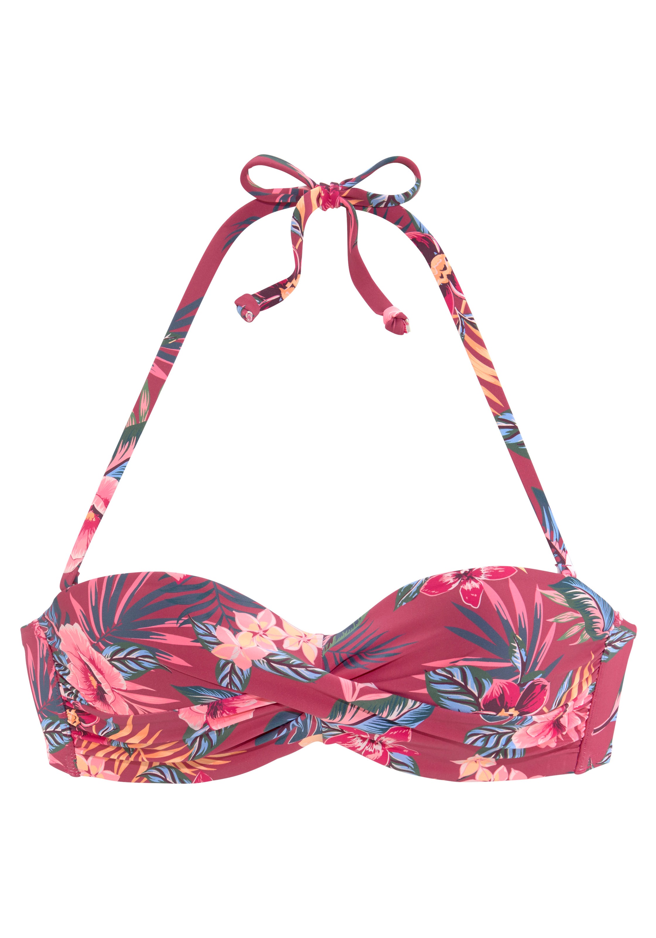 s.Oliver, Damen, Bügel-Bandeau-Bikini-Top »Marika« mit Wickeloptik, rostrot-bedruckt, Cup E, 40 - Cup E, rostrot-bedruckt, Mit tropischem Print
