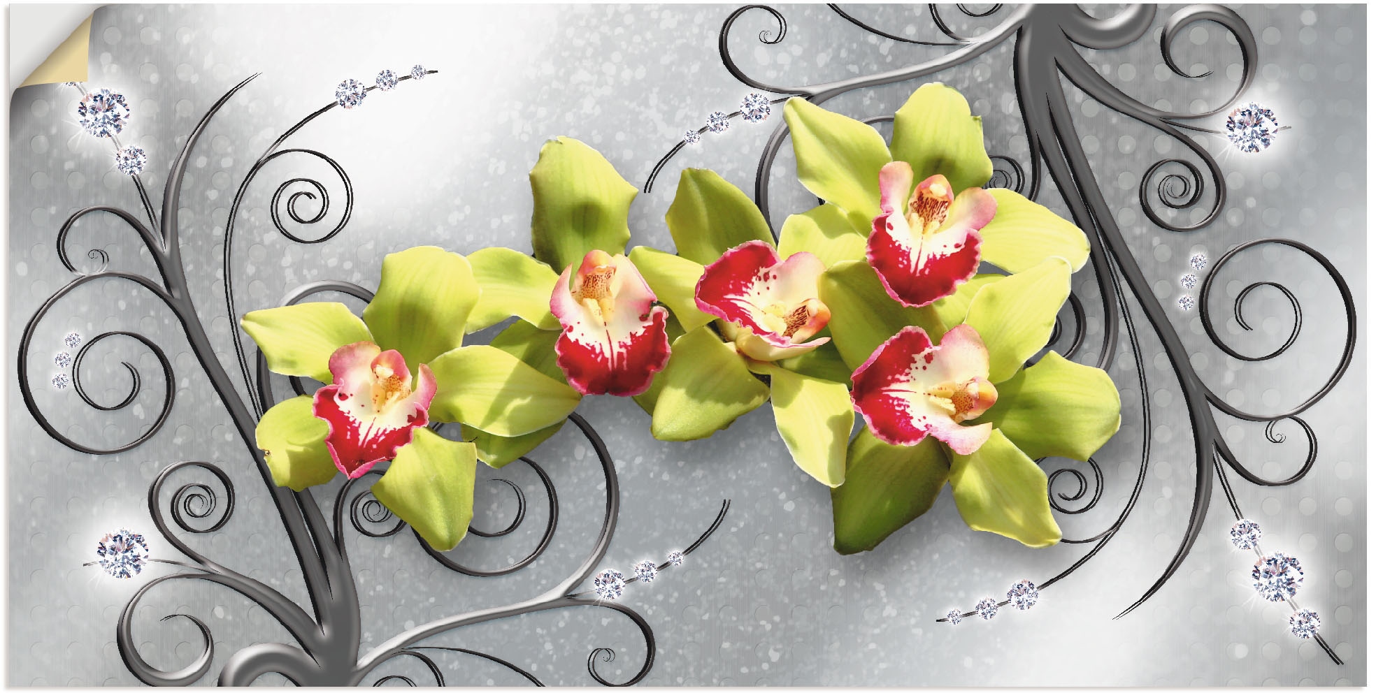 Artland Wandbild »Grüne Orchideen auf Ornamenten«, in (1 Blumenbilder, St.), bequem als Leinwandbild, Poster kaufen oder versch. Alubild, Größen Wandaufkleber