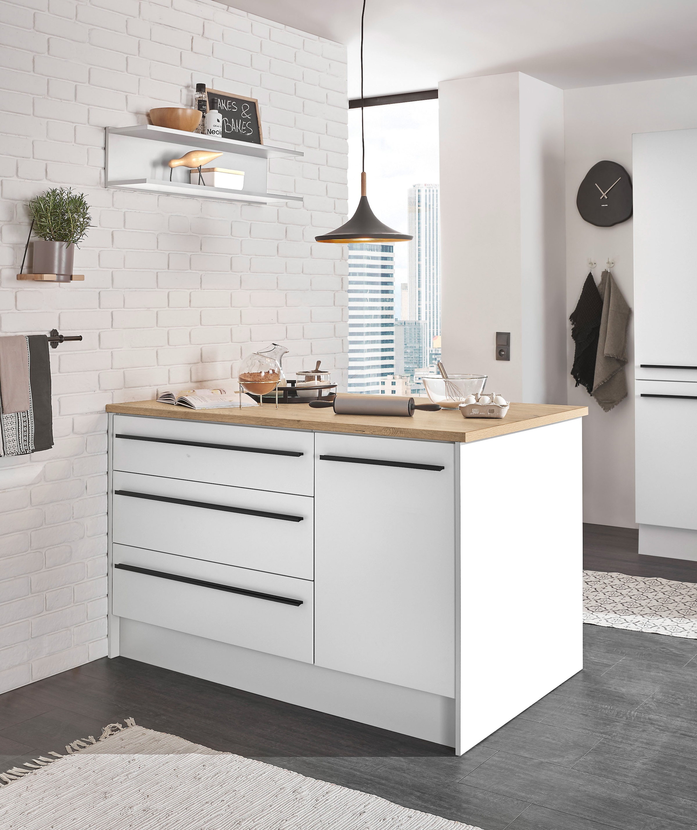 BASIC by Balculina Kücheninsel »Denver, Kochinsel + Küchenregal BxHxT 145 x 90 x 90/BxHxT 90x22x21« Breite 145 cm, mit Tür, Schubkasten, Klappe und offenem Fach