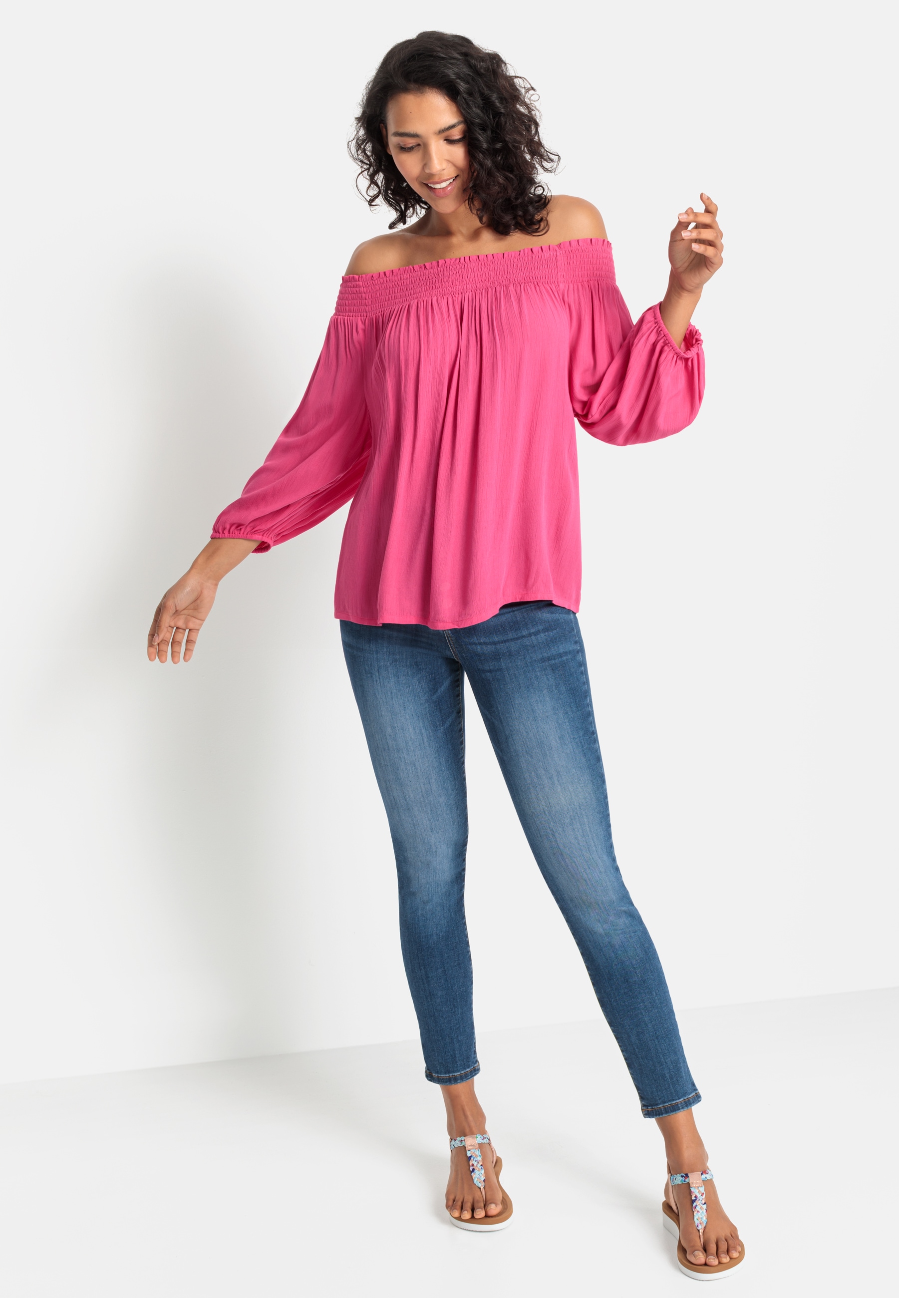 LASCANA Carmenbluse, in leichter Crinkle-Optik, Damenbluse, schulterfrei