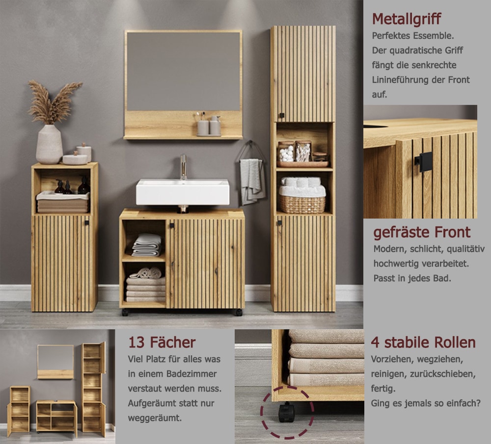 welltime Badmöbel-Set »Amrum Waschbeckenunterschrank Spiegel Hochschrank Badschrank«, (Komplett-Set, 4 St.), 4-teiliges Badmöbel-Set Eiche Rillenoptik - Maße (B/T/H) 180/42/186 cm