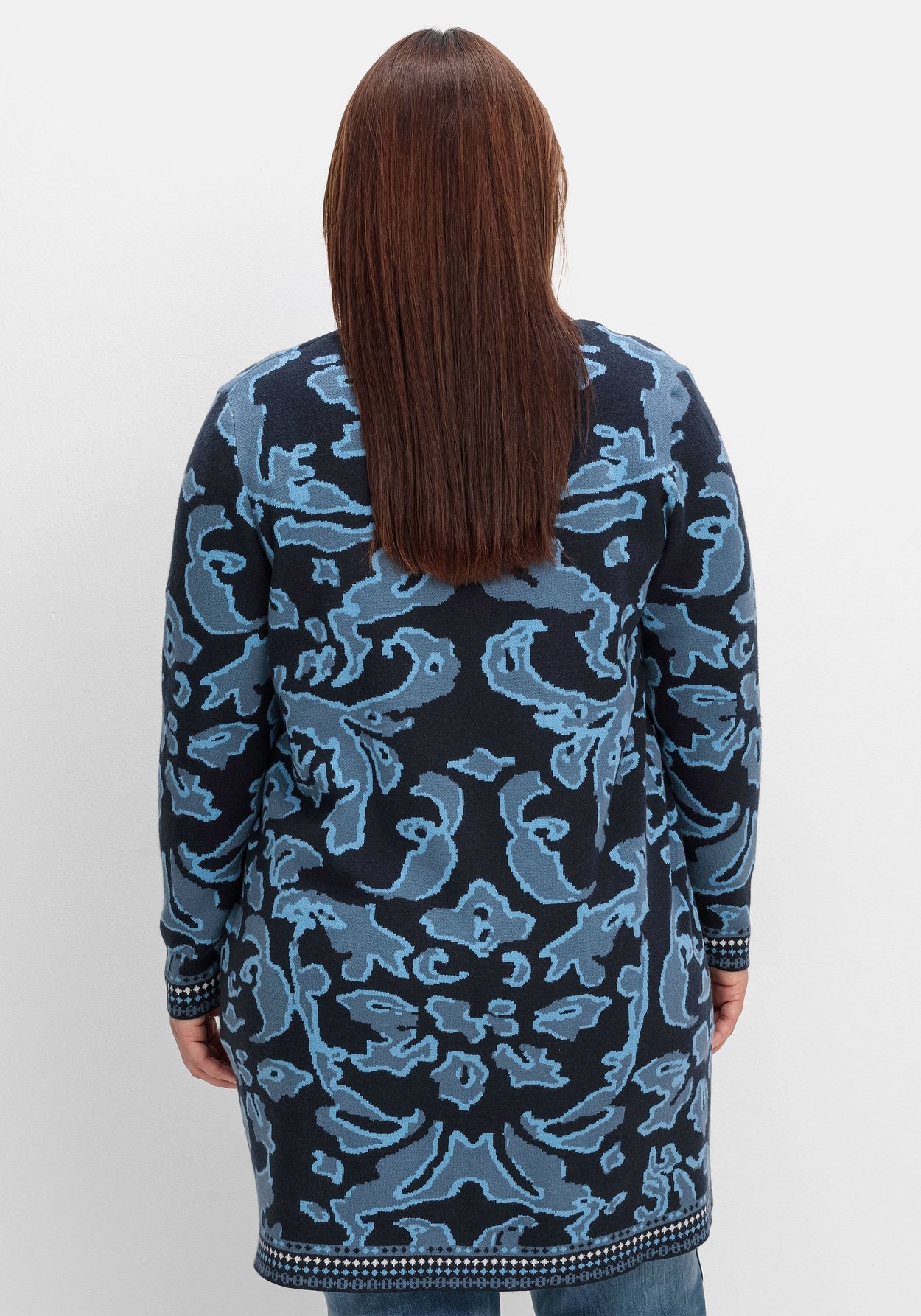 Sheego Longstrickjacke »Strickjacke mit Jacquardmuster und Schalkragen«, mit Jacquardmuster und Schalkragen