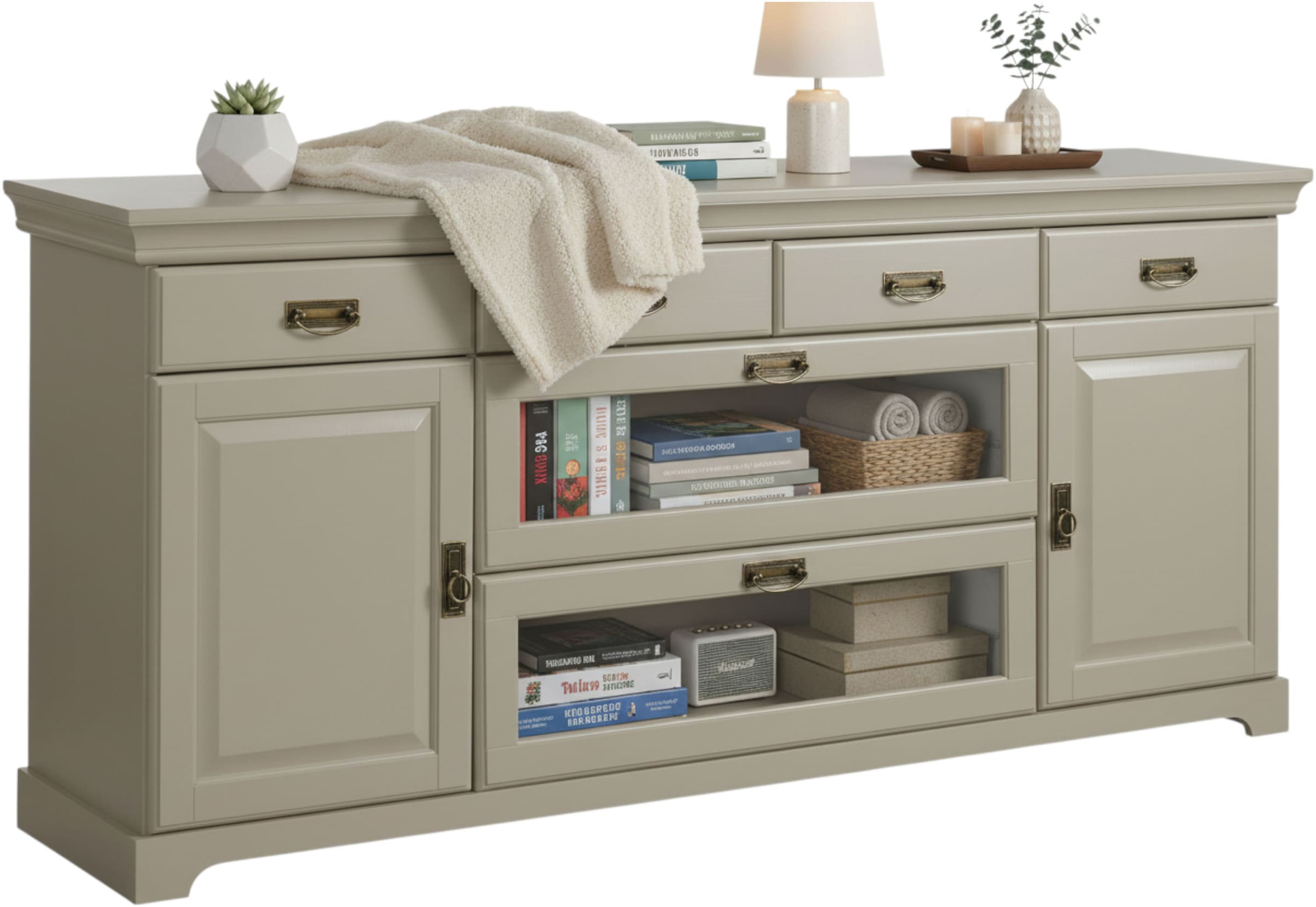 OTTO home Sideboard »Rügen Kommode mit 2 Türen, 6 Schubläden mit Metallringgriffe« aus massiver Kiefer, Schubladen mit Glaseinsatz, natürliche Maserung