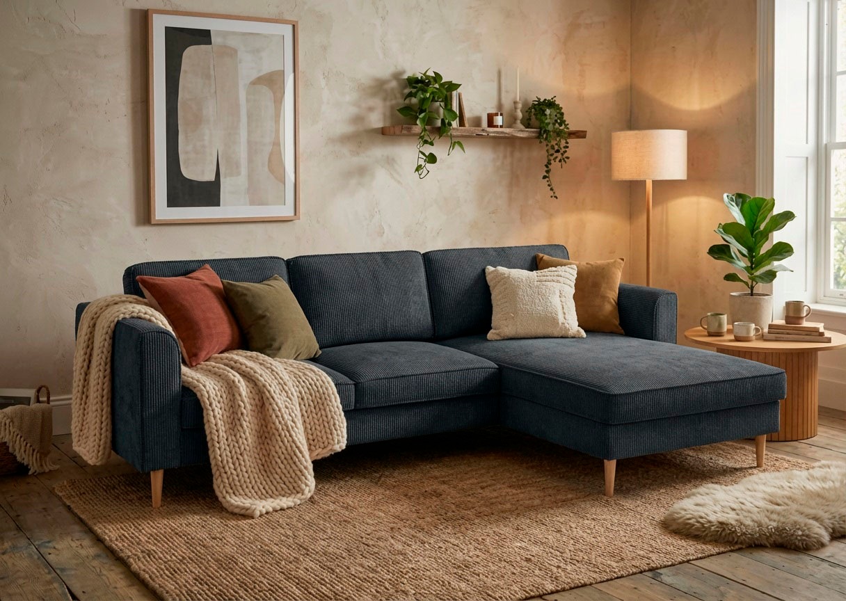 Home affaire Ecksofa »Booster, whlw. mit Schlaffunktion & Bettkasten, Fuß Buche lackiert« Recamiere beidseitig montierbar, L-Form, in Cord & Struktur, B: 232 cm