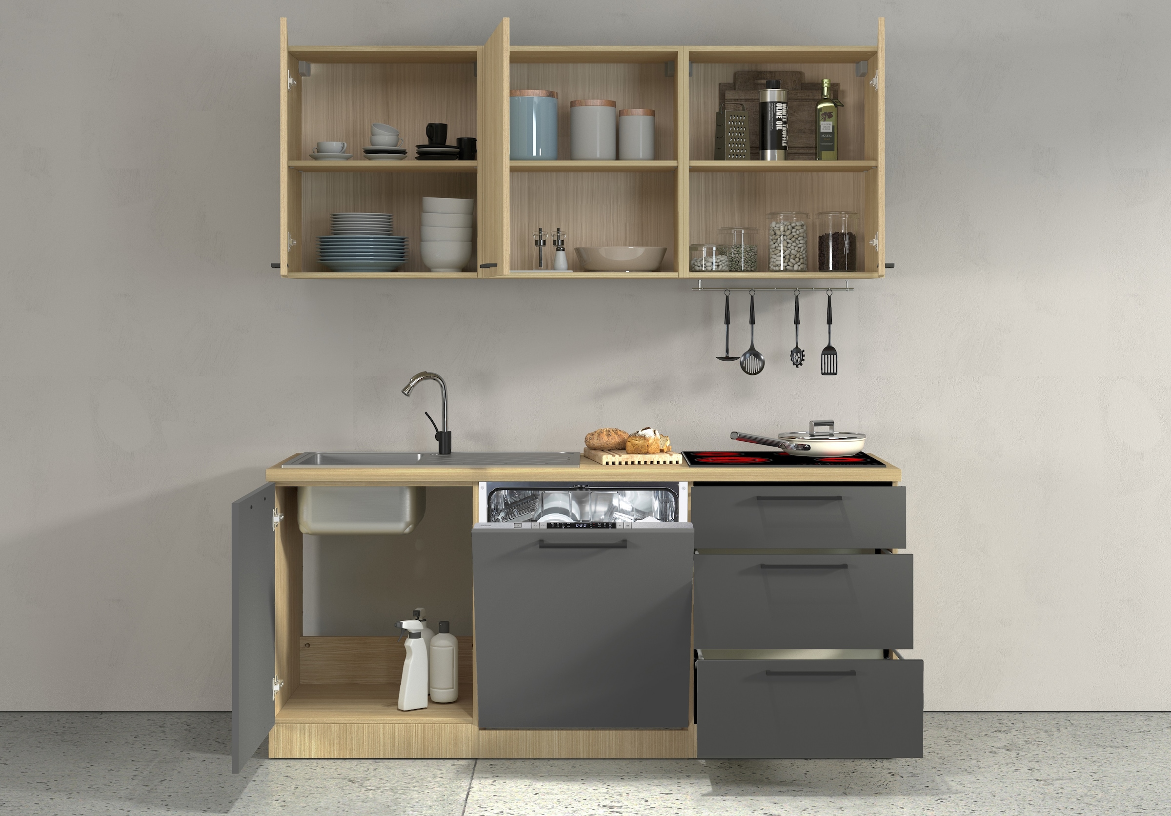 KOCHSTATION Küchenzeile »Luna, Küchenzeile mit Spüle + Siphon, ohne E-Geräte« Breite 182 cm,Türen mit Soft-Close Funktion, Metalgriffe,Made in Italy
