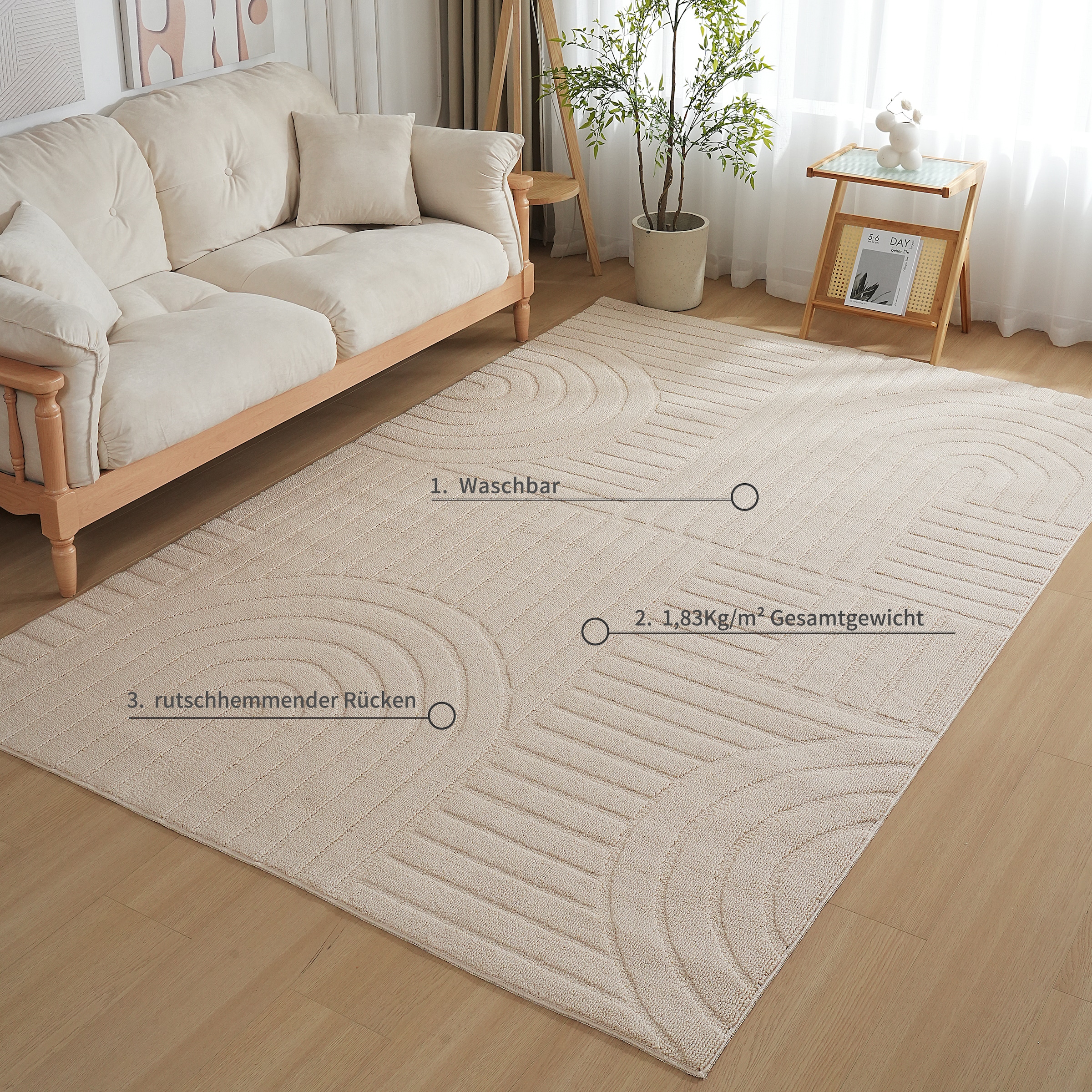 OTTO home Teppich »Neele, Boho-Design, Hoch-Tief, waschbar« rechteckig 12 mm Höhe 3D Optik, Skandinavisch, Designteppich, Wohnzimmer, Schlafzimmer