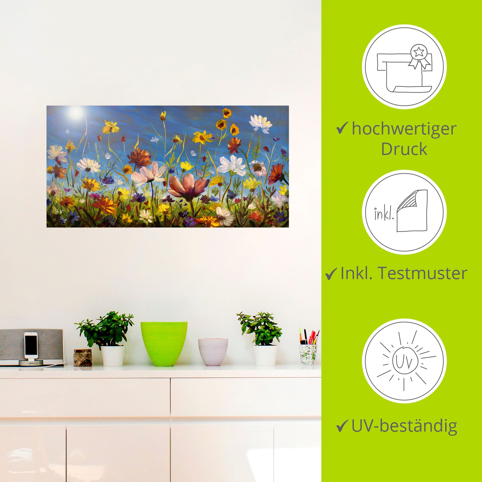Artland Wandbild »Wildblumenwiese blauer Himmel«, Blumenwiese, (1 St.), als Alubild, Outdoorbild, Leinwandbild, Poster, Wandaufkleber