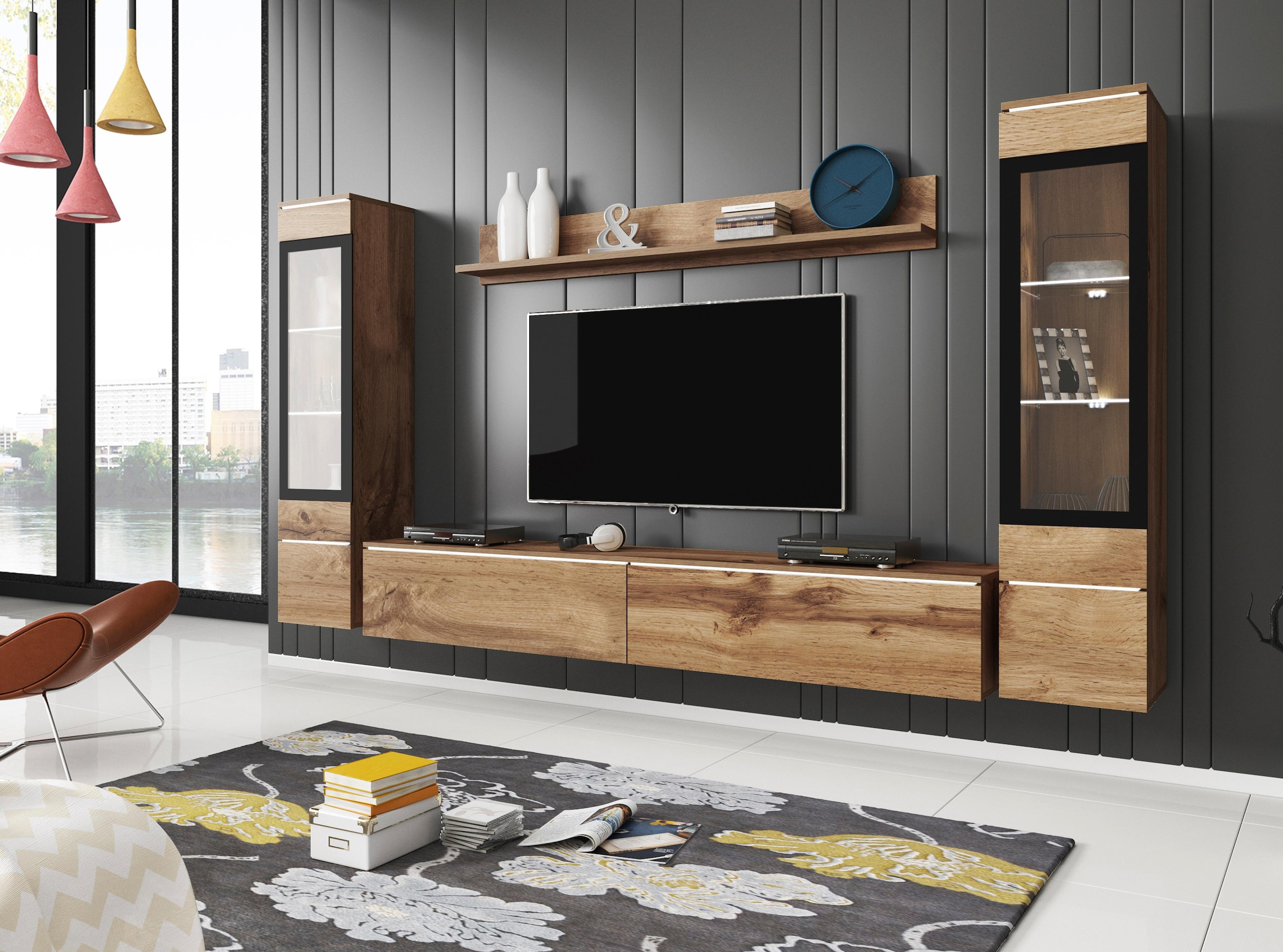 INOSIGN Wohnwand »VERA II, Vitrinen Türanschlag wechselbar«, (Komplett-Set, 4 St.), Mediawand 260 cm, Vitrine mit Verglasung, stehend und hängend
