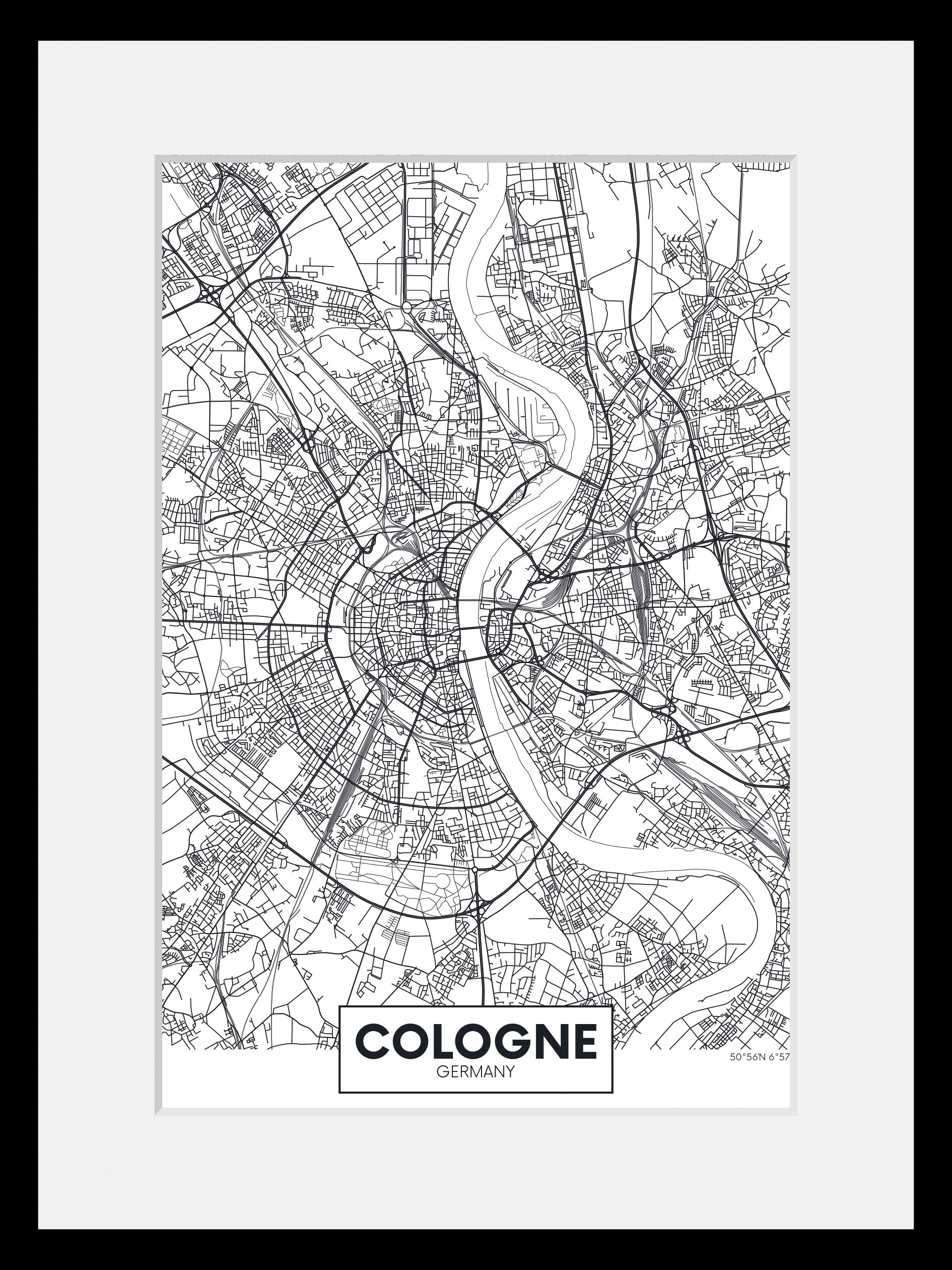 queence Bild »Cologne Stadtkarte«, Städte-Stadt-Deutschland-Gebäude-Schriftzug-Köln, (1 St.), HD Premium Poster-Druck inkl. Holzrahmen