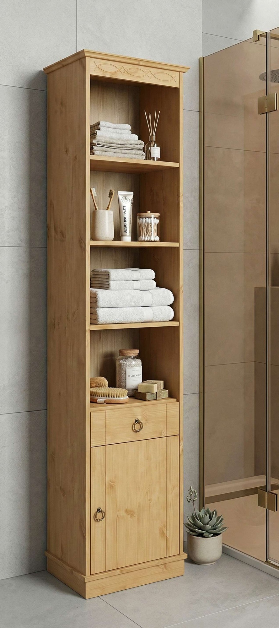 OTTO home Hochschrank »Indra, Badschrank, Badmöbel, Badezimmerschrank« B/T/H: 46/32/186 cm,  aus massiver Kiefer, mit Schublade, FSC®-zertifiziert