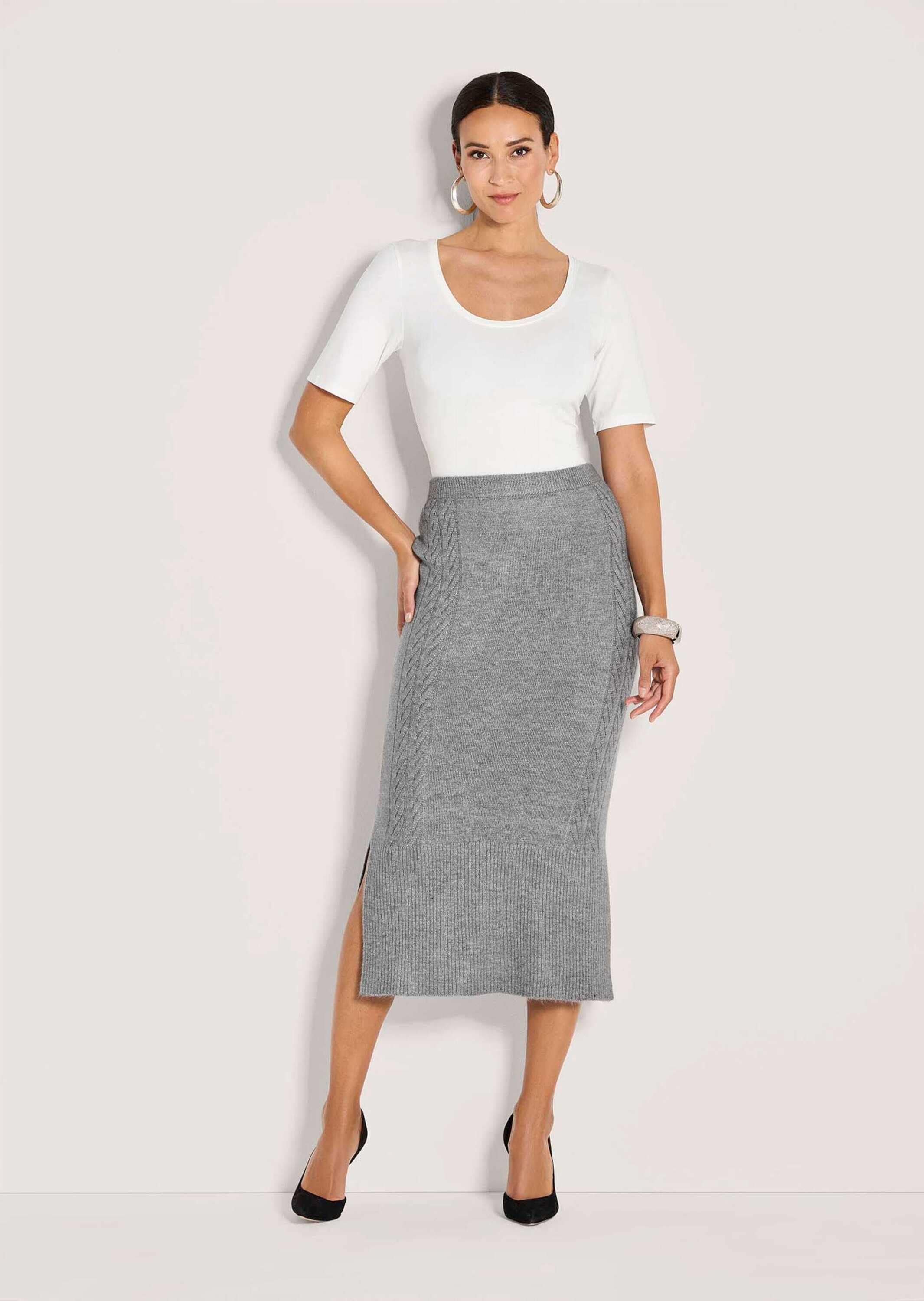 MADELEINE Midirock »Strickrock Eleganter Melange-Rock mit Zopfmuster«