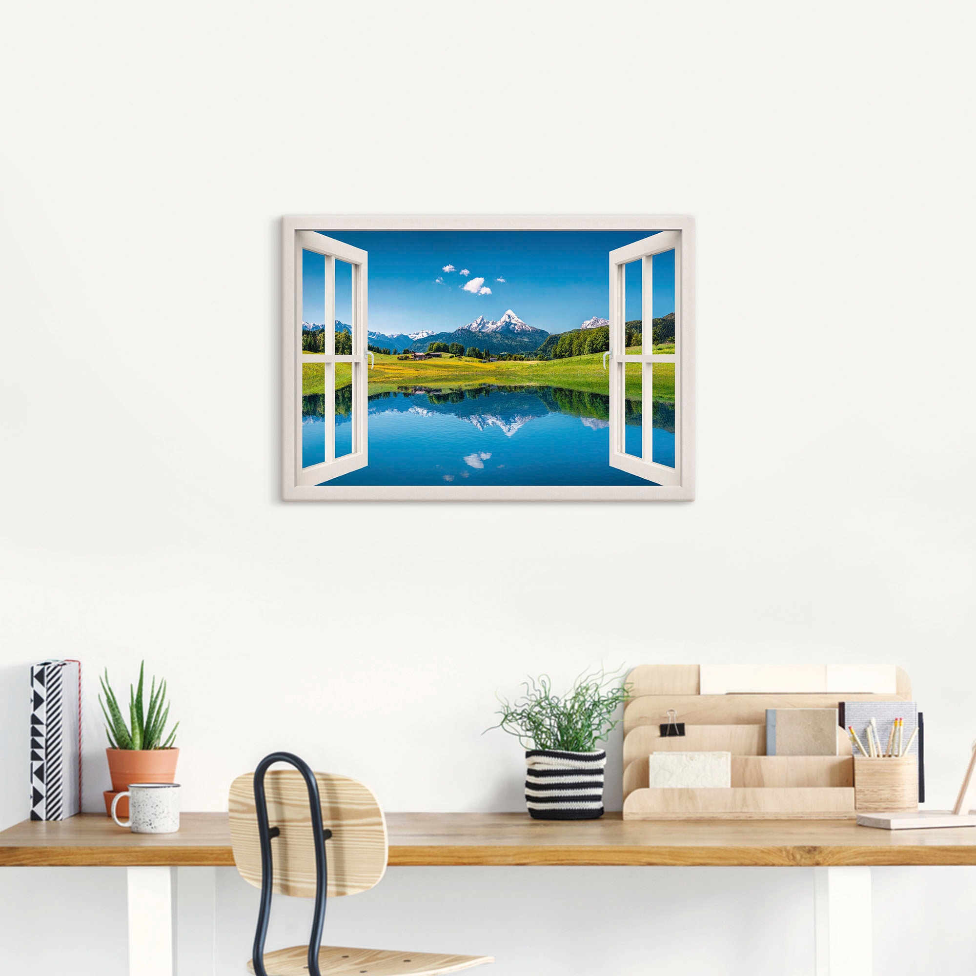 Artland Wandbild »Fensterblick Alpen und Bergsee«, Berge, (1 St.), als Leinwandbild, Poster, Wandaufkleber in verschied. Größen