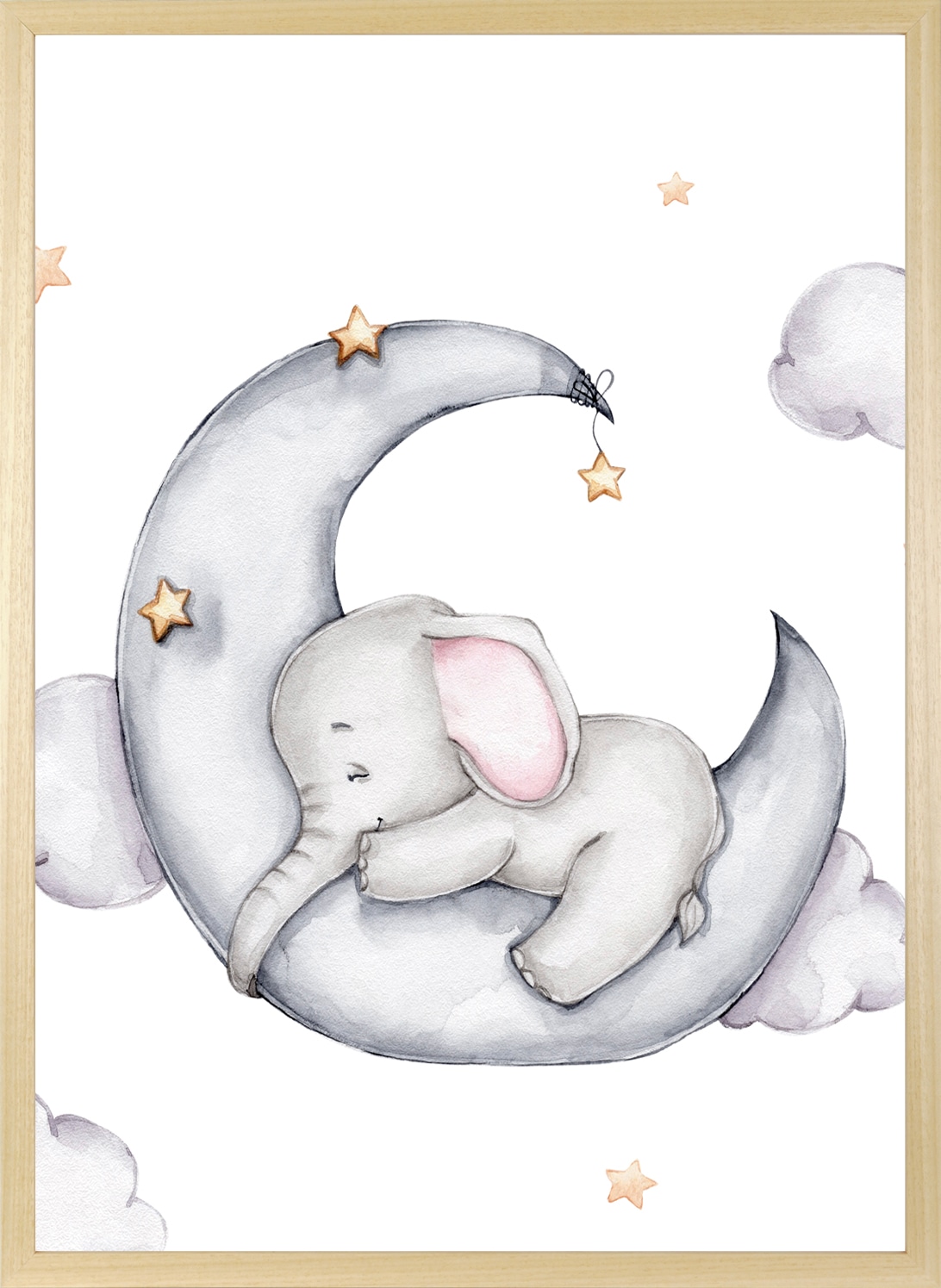queence Bild mit Rahmen »Elefant auf Halbmond«, Bilder vom Sternenhimmel-Elefant-Elefanten-Elefanten Bilder-Himmel-Himmelsbilder-Stern-Sterne-Tiere-Wolken, (1 St.), HD Premium Posterdruck mit Echtholzrahmen