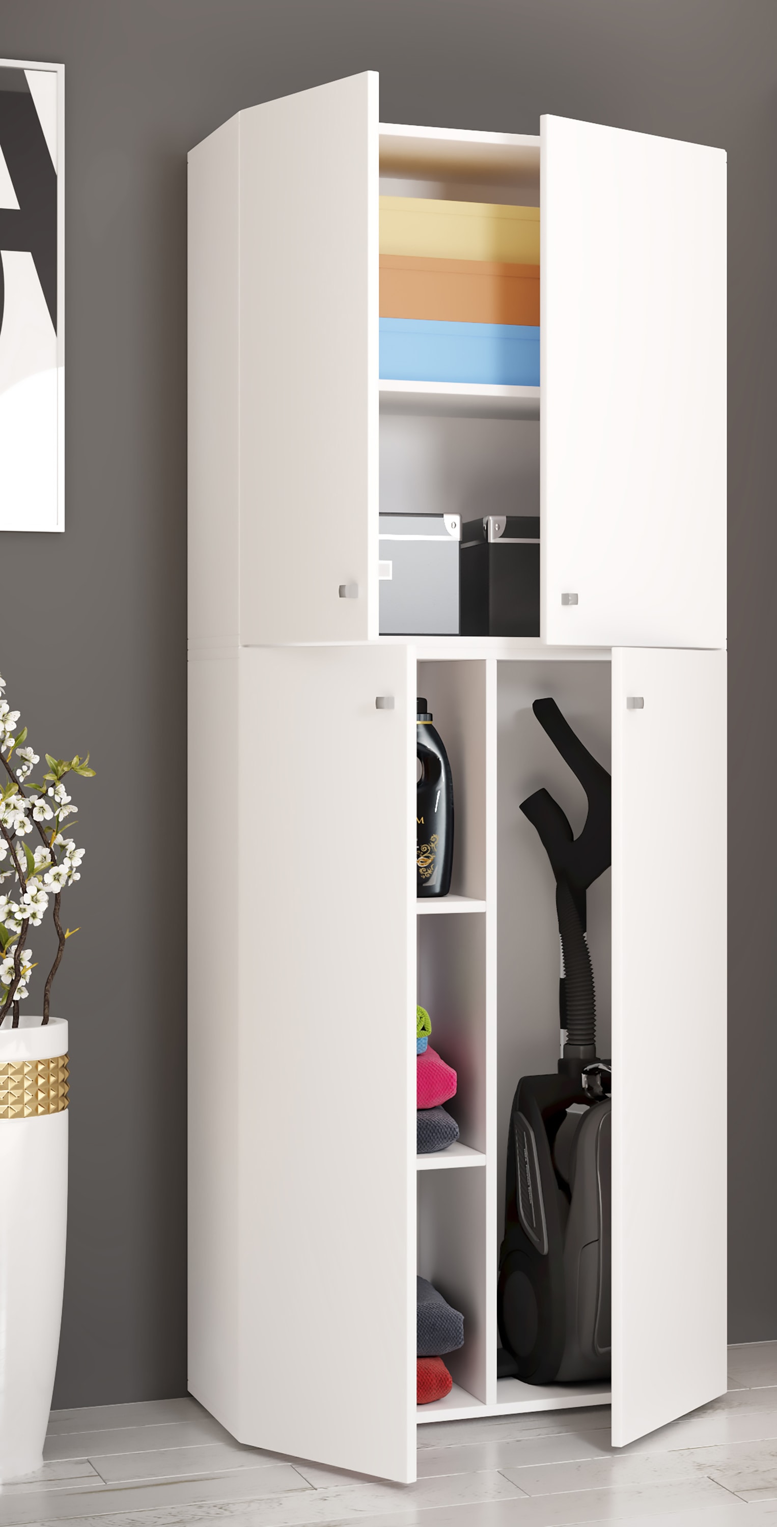 VCM Mehrzweckschrank »VCM Holz Besenschrank | 6 Fächer | Haushaltsschrank | Maße: B. 70 x H. 184 x T. 40 cm | 4 Drehtüren - Lona«, (1 St.)